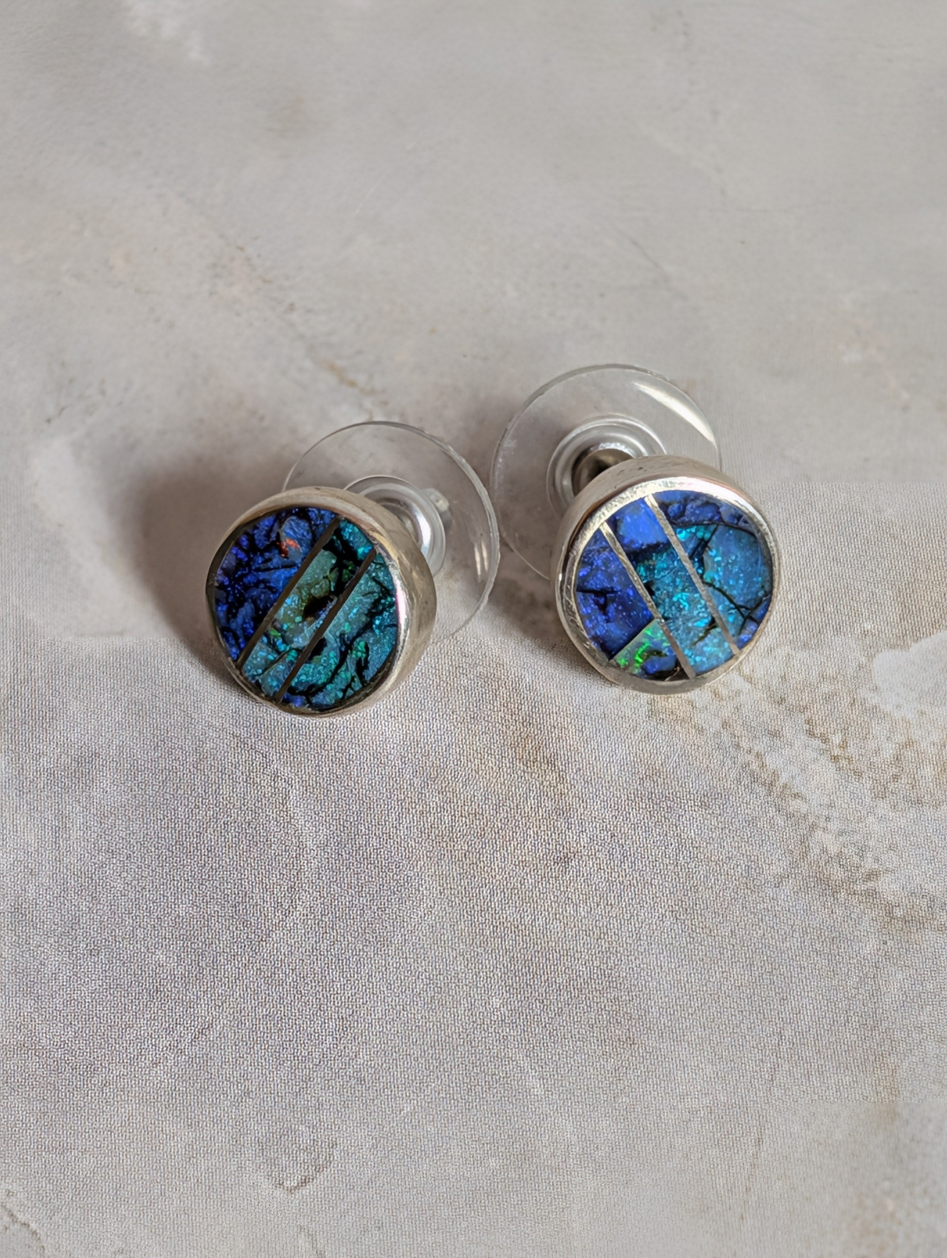 Mosaic Blue Opal Inlay Sterling Silver Stud Earrings