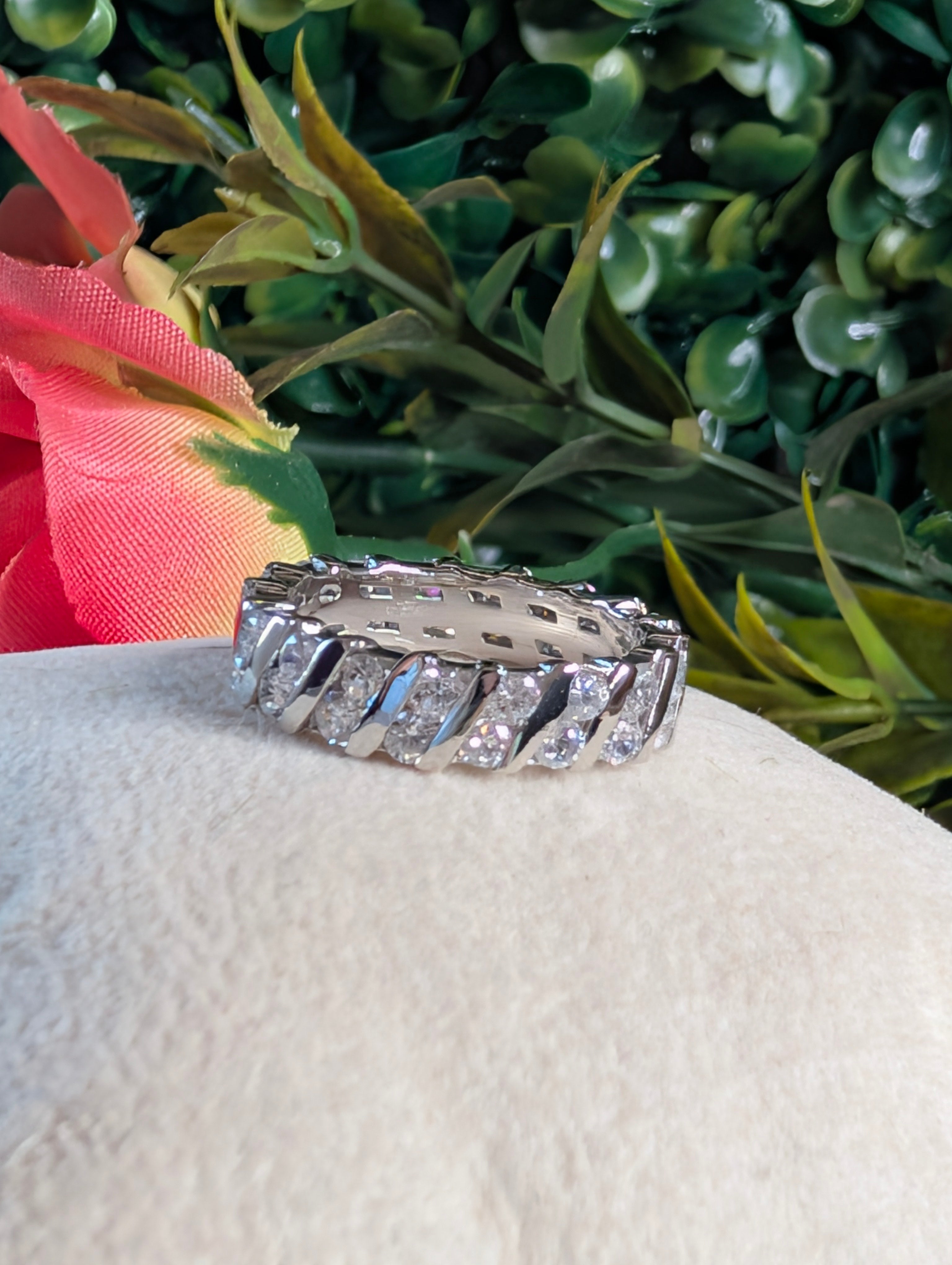 Sterling Silver CZ Shimmering Stone Inlay Wide Band Ring Size 7