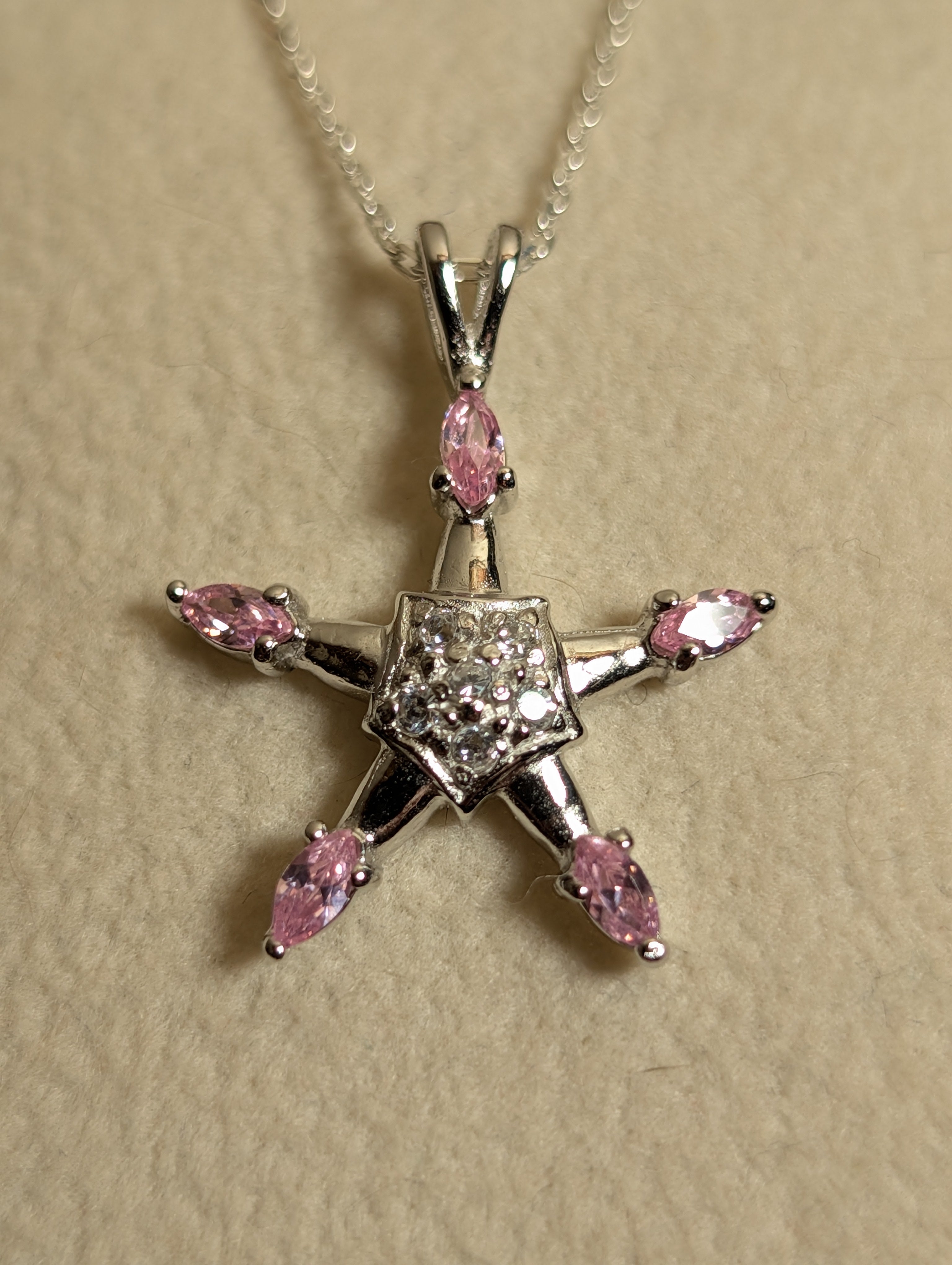 Pink Sapphire Gemstone CZ Star Shaped Sterling Silver Necklace