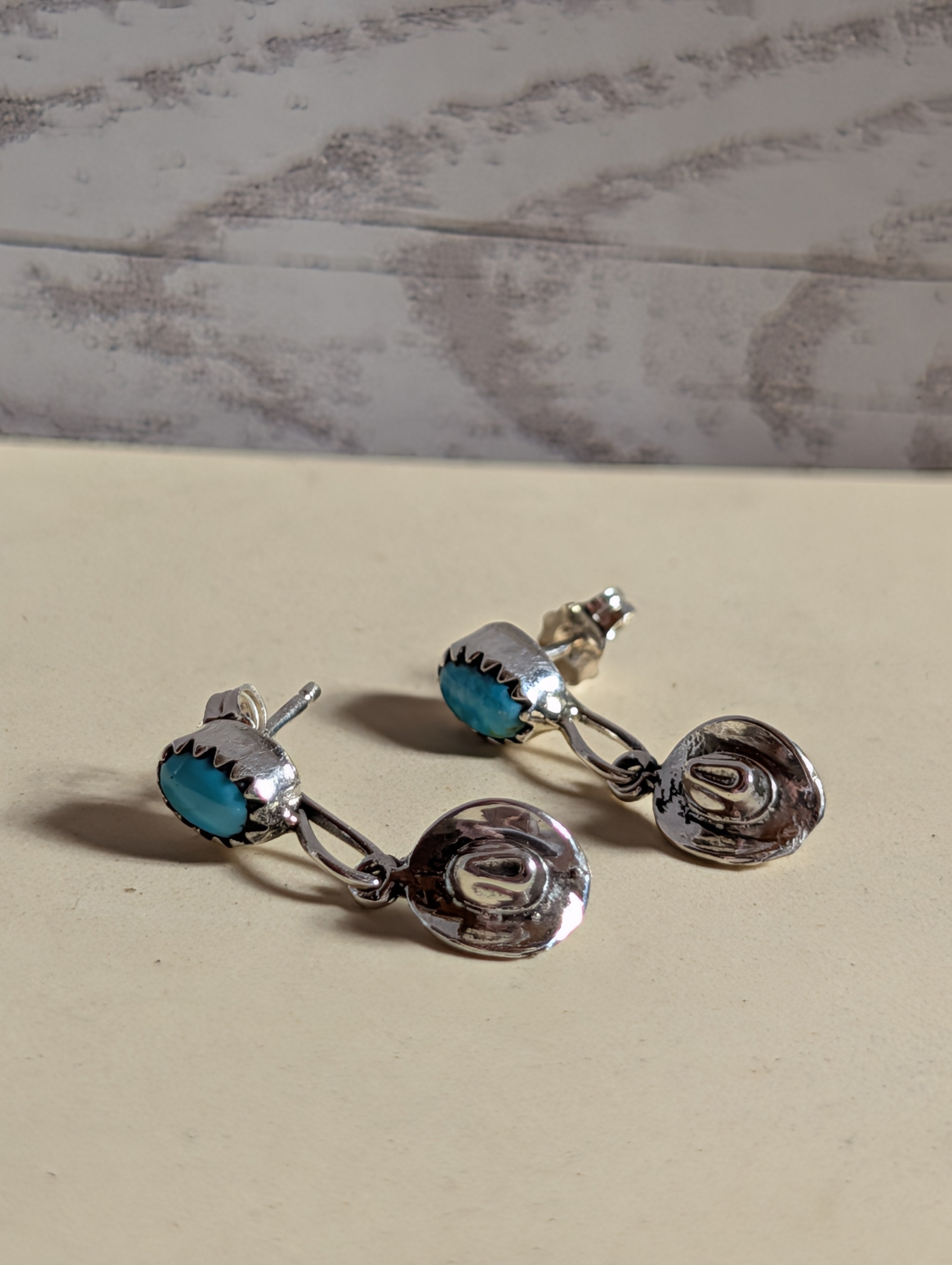 Cowboy Hat Turquoise Sterling Silver Dangle Earrings