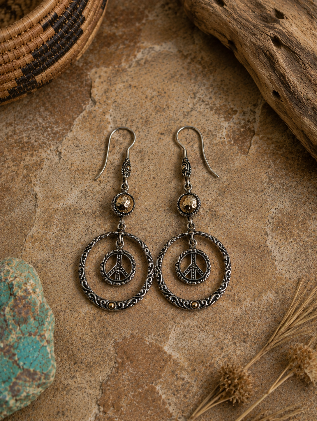 Bohemian Style Peace Sign Sterling Silver Earrings With 18k Gold Accents