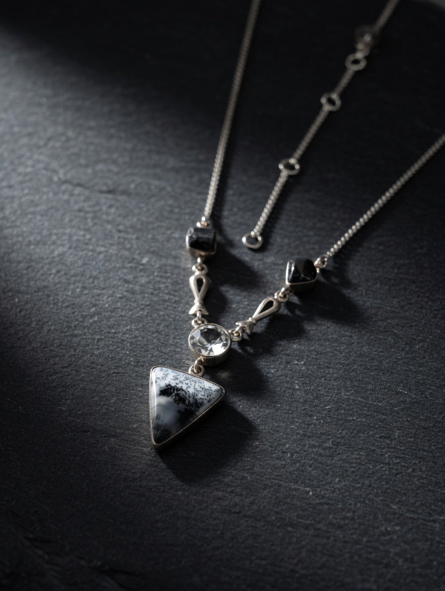 Dendritic Agate Triangle Shaped Gemstone With Clear Quartz & Black Tourmaline Sterling Silver Lariat Necklace