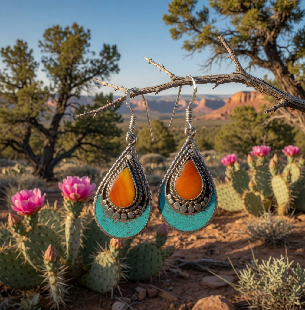 Southwestern Orange Spiny Oyster & Turquoise Teardrop Dangle Earrings