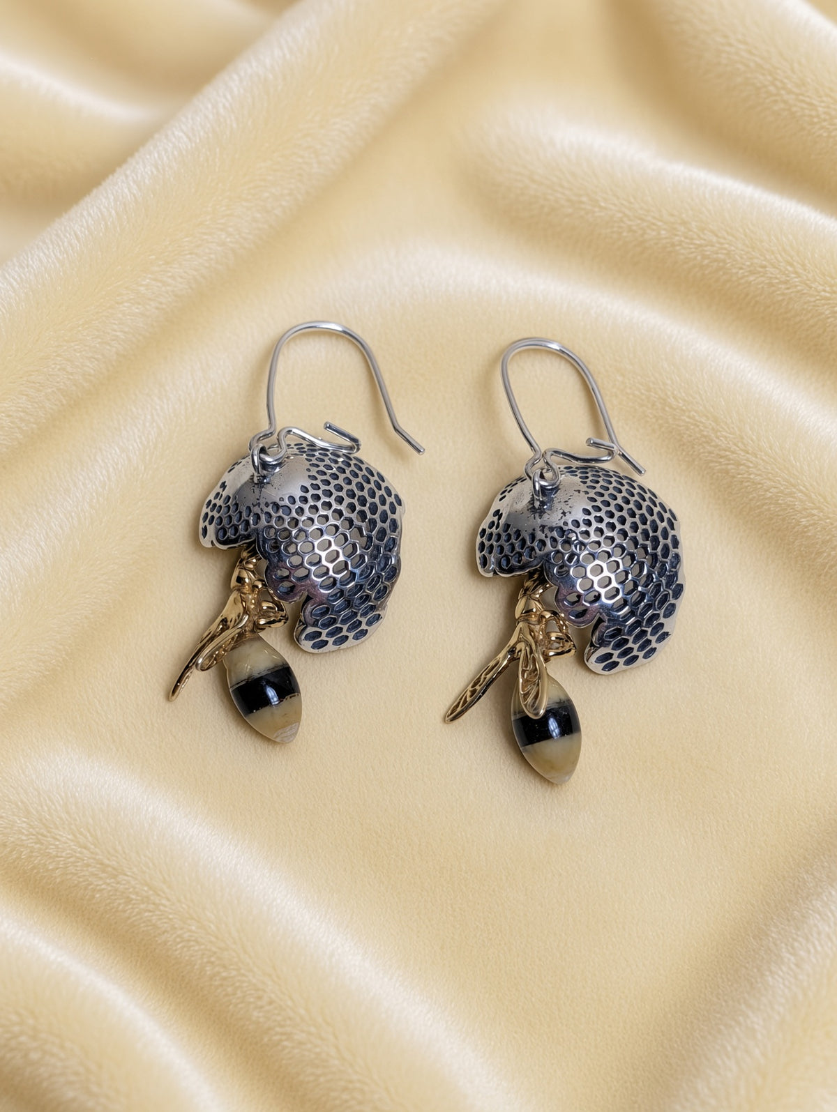 Handmade Bee Honeycomb Honey Cognac Cabochons & Sterling Silver Dangle Wire Earrings