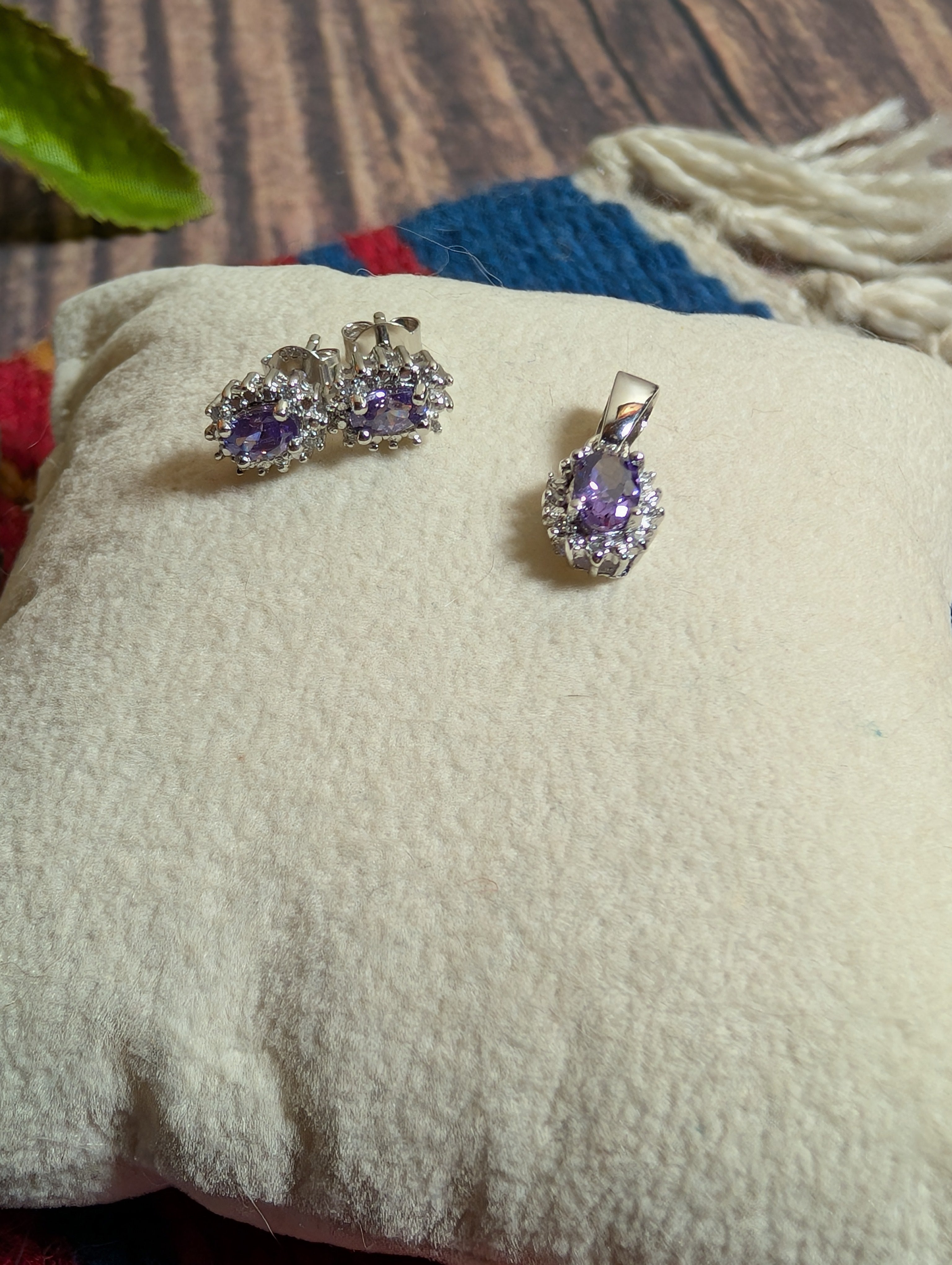 Amethyst Gemstone CZ Sterling Silver Pendant & Earrings Jewelry Set
