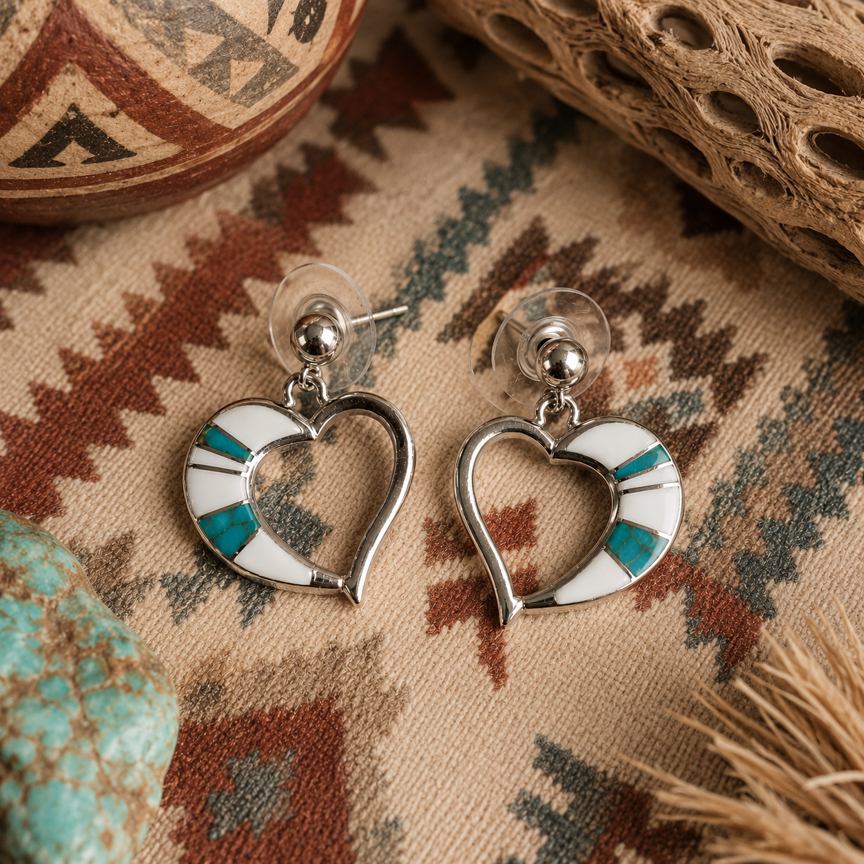 Handcrafted Sterling Silver MultiStone Turquoise White Buffalo Inlay Heart Shaped Earrings