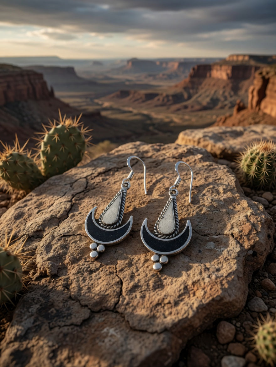 Black Onyx & White Buffalo Crescent Moon Dangle Earrings – Southwest Boho Statement