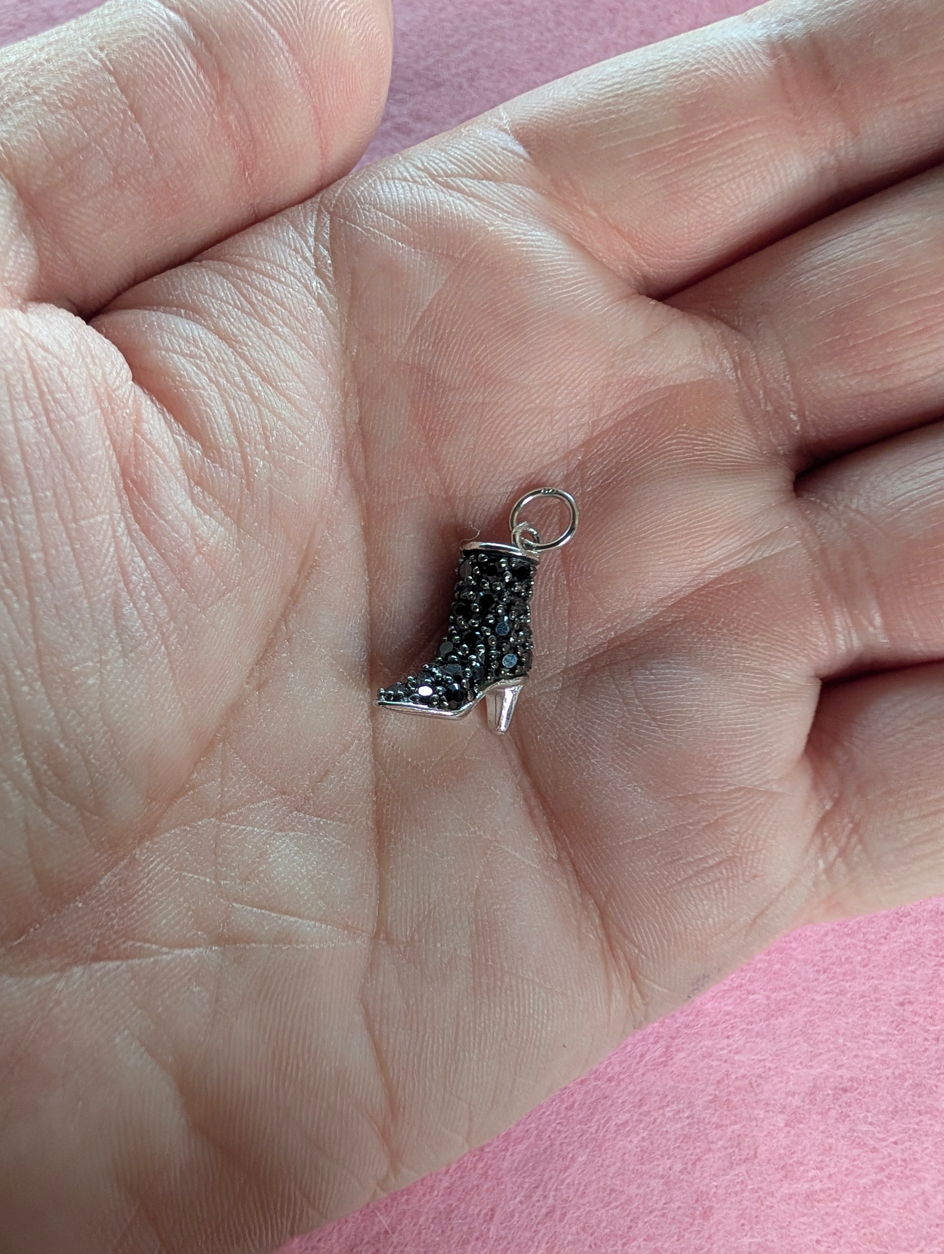Sterling Silver Detailed Black CZ High Heel Cowboy Boot Charm