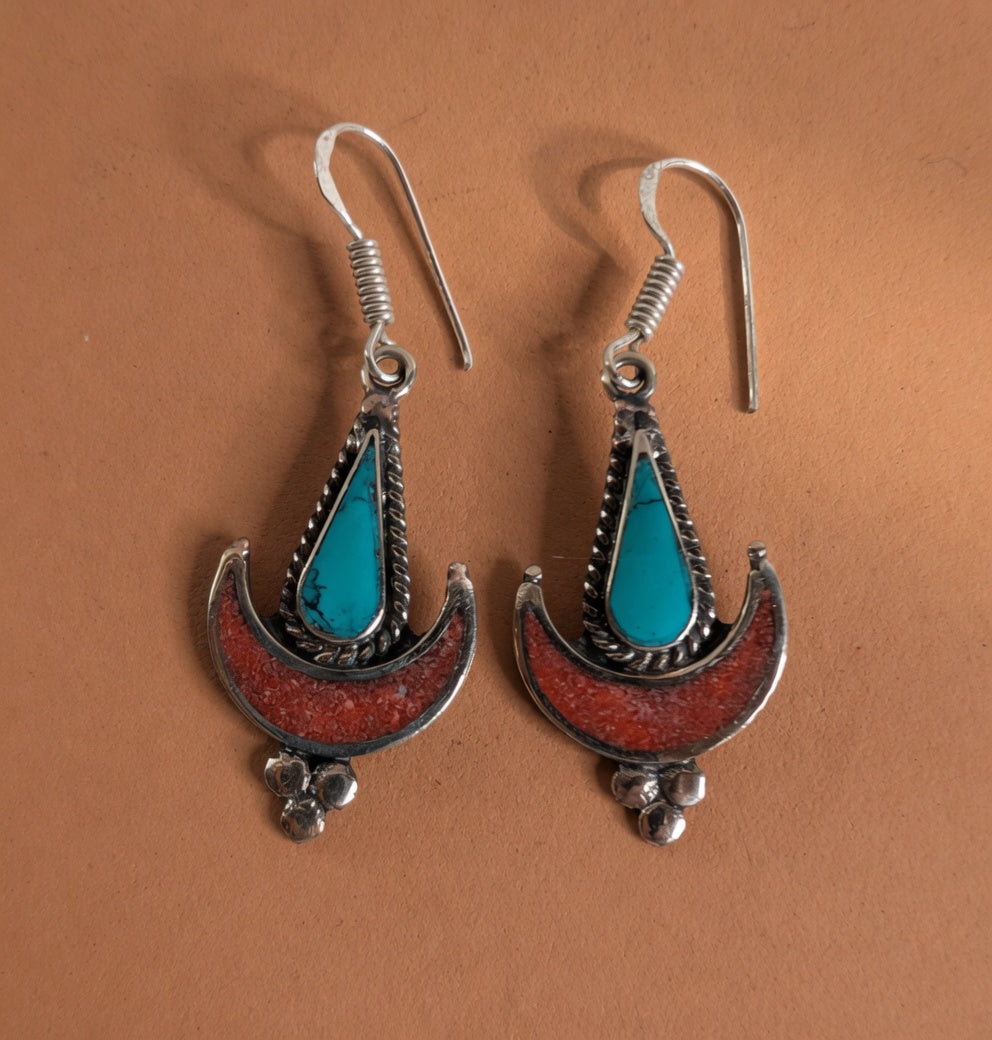 Turquoise & Coral Crescent Moon Dangle Earrings – Southwest Boho Statement