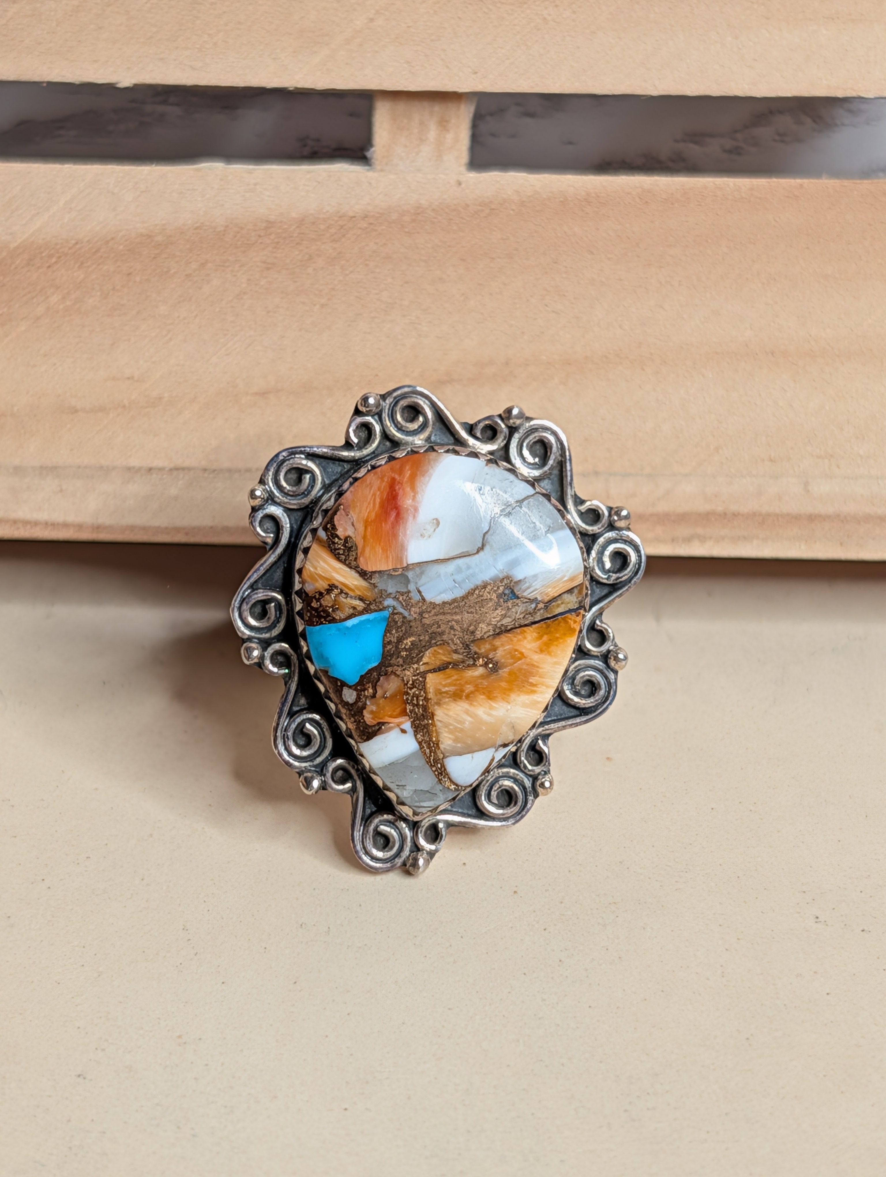 Orange Spiny Turquoise TearDrop Shaped Sterling Silver Adjustable Ring