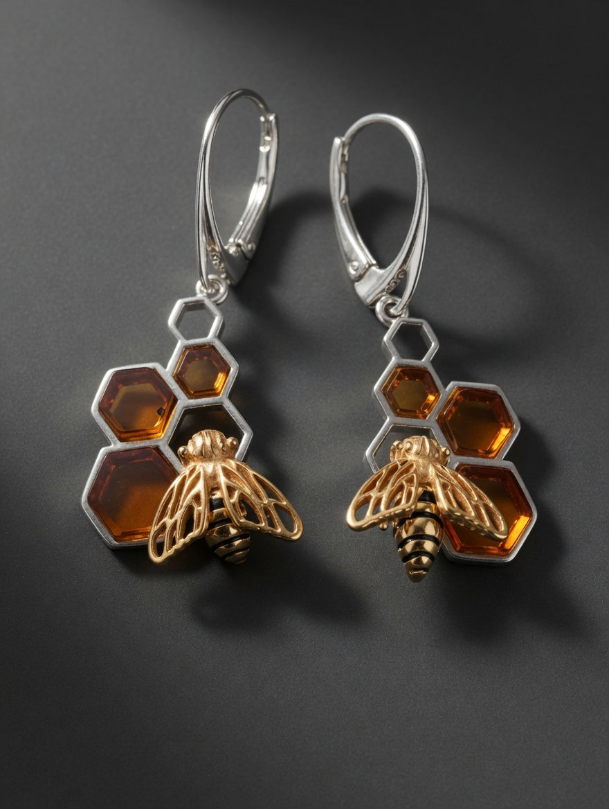 Amber Handmade Sterling Silver With Golden Bumblebee On Honeycomb Leverback Earrings