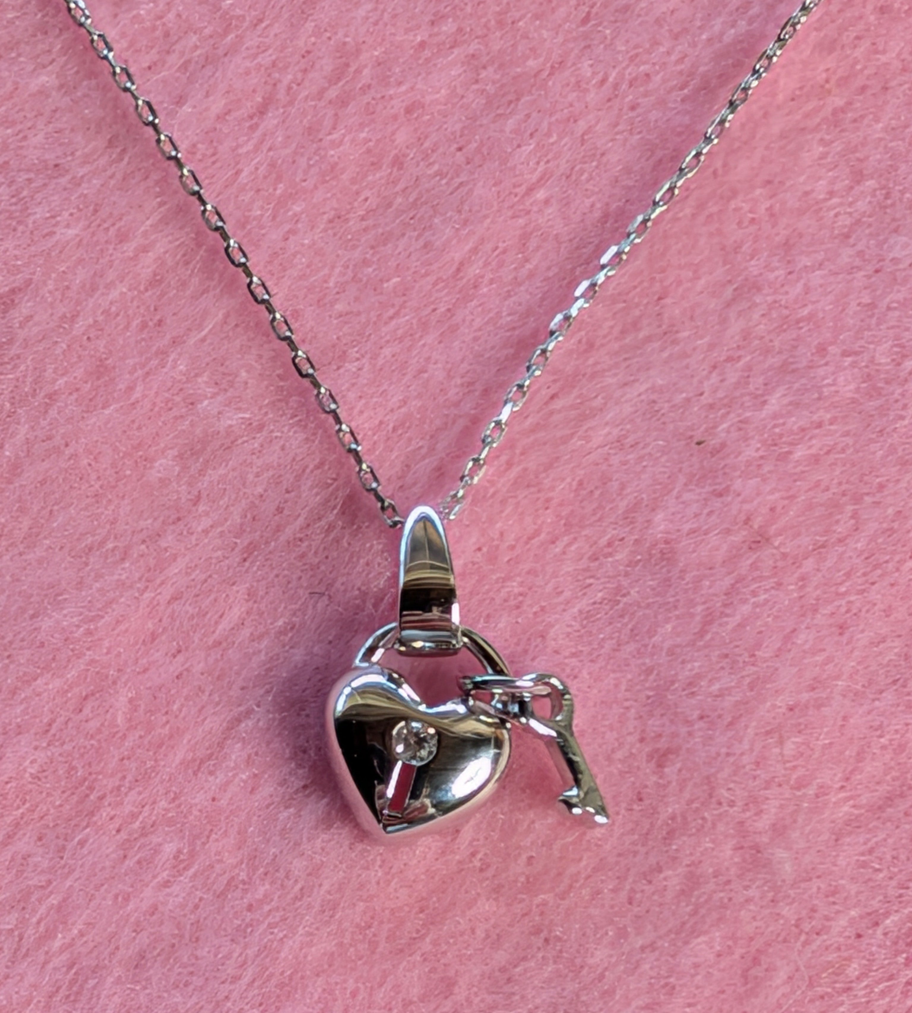 Sterling Silver Puffy Heart & Key Romantic Love Necklace