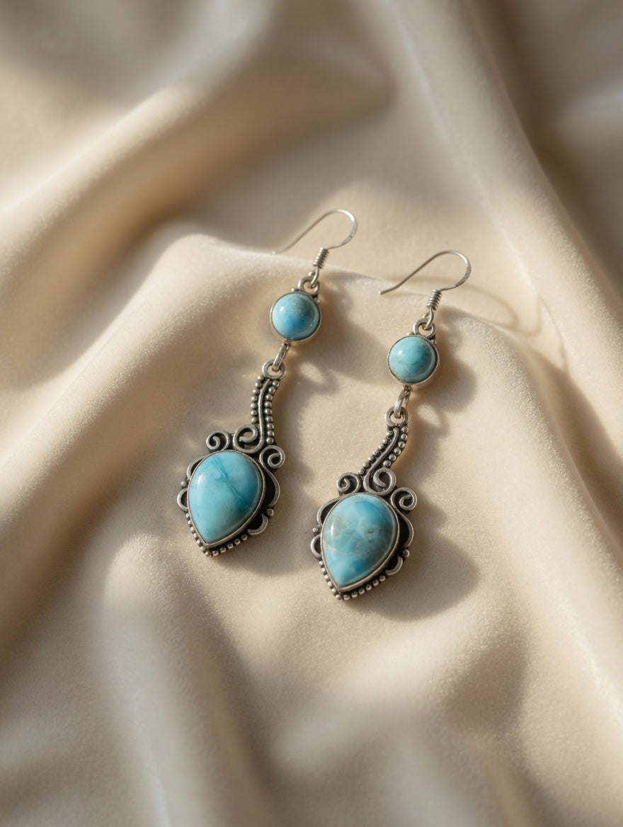 Sterling Silver Southwestern Larimar Turquoise Elegant Filigree Dangle Earrings