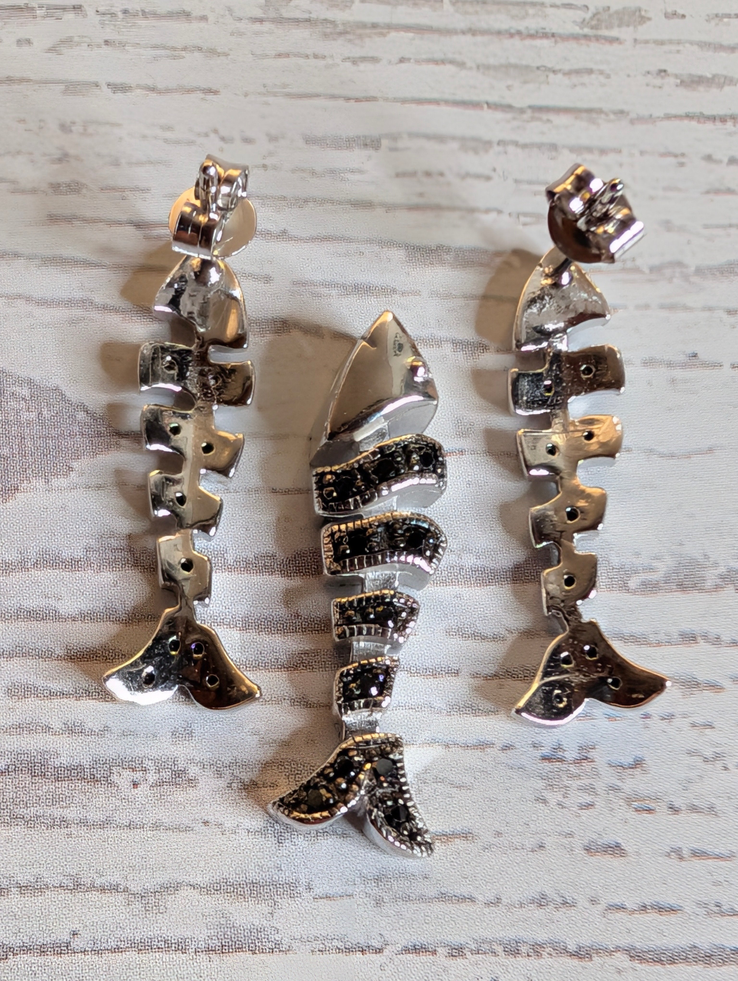 Sterling Silver Black CZ Fish Earrings & Pendant Jewelry Set