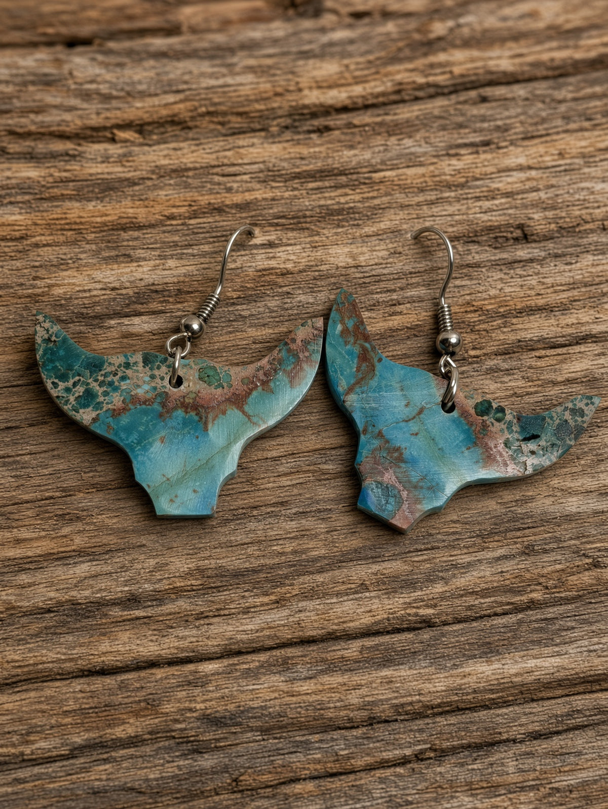 Handcrafted Indigo Turquoise Bull Head Slab Sterling Silver Earrings