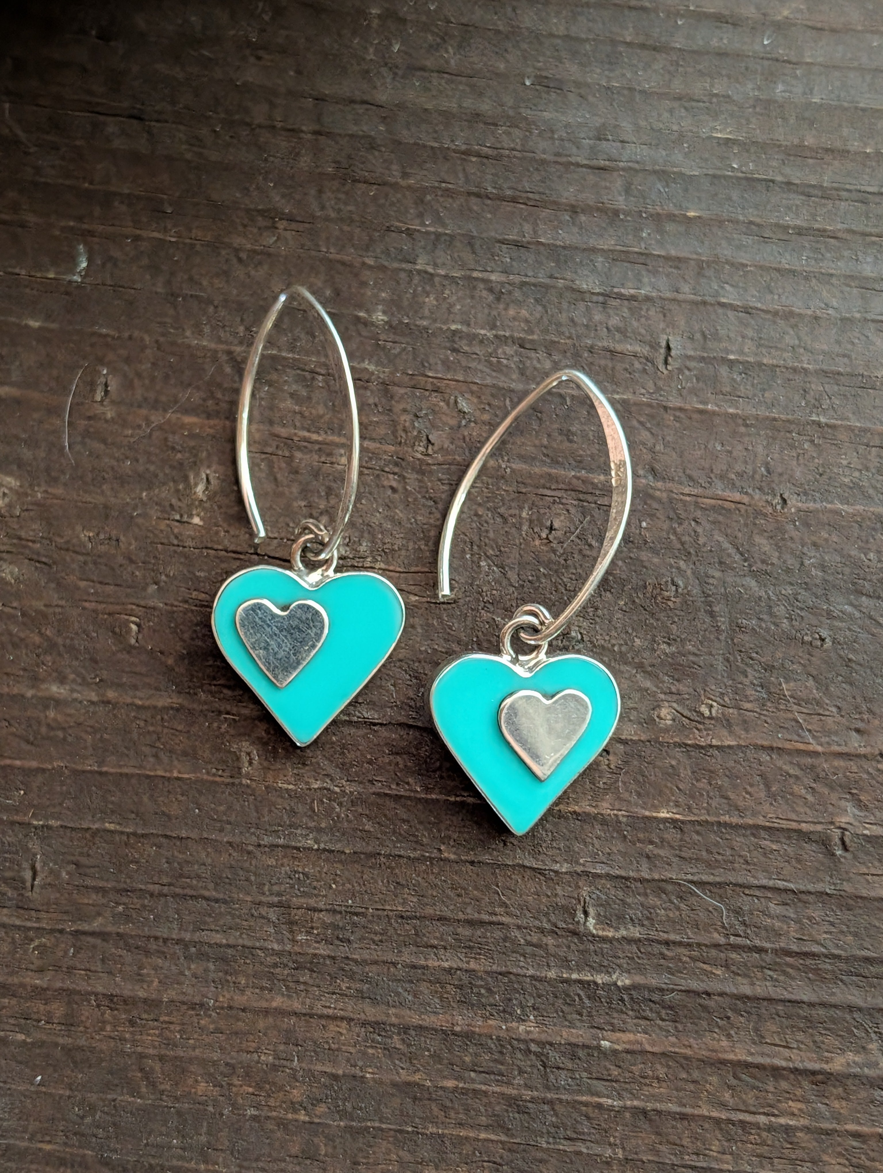 Turquoise Heart Shaped Sterling Silver Dangle Earrings With Silver Inlay