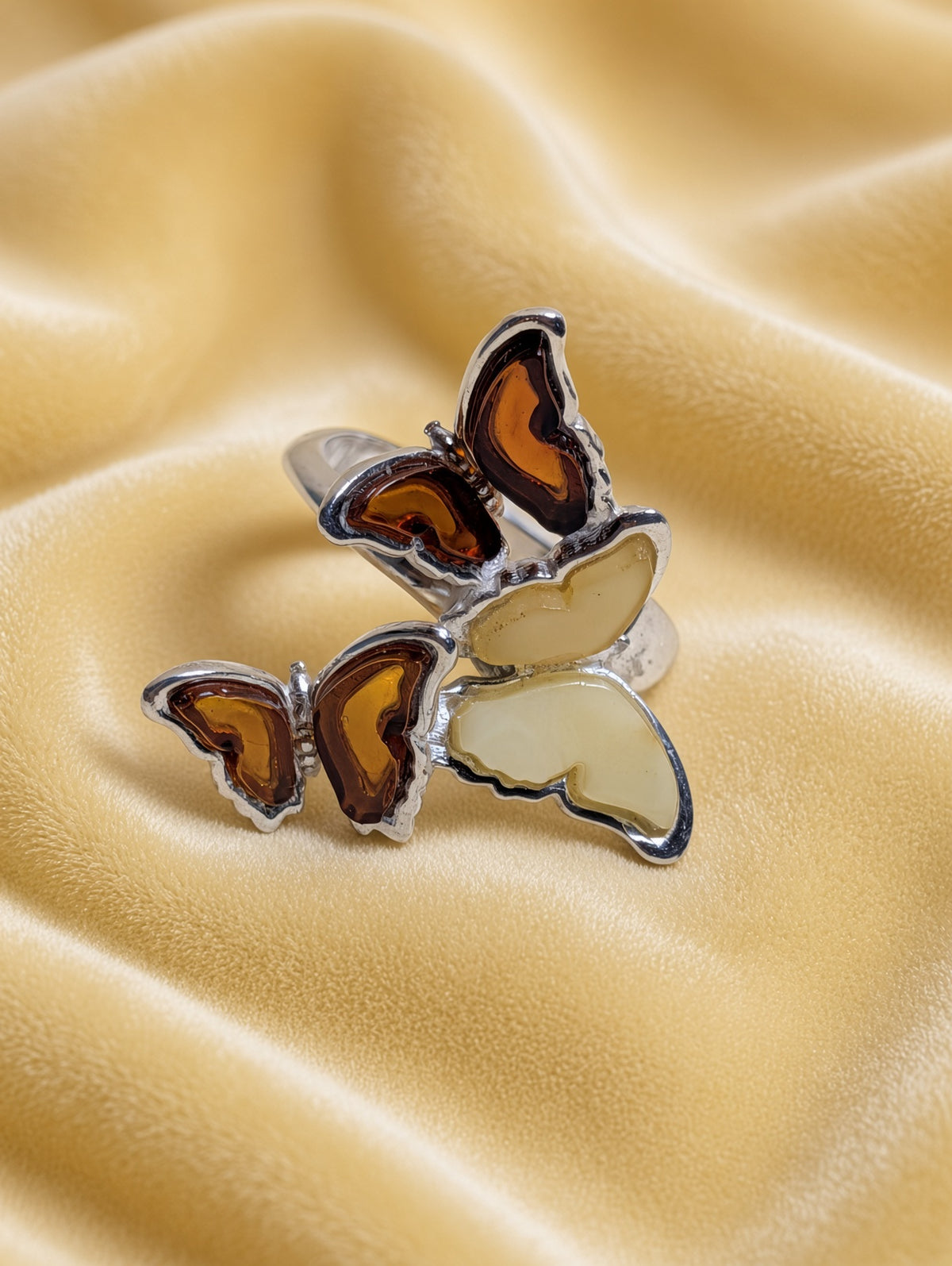 Handmade Butterfly Honey Cognac Cabochons & Sterling Silver Adjustable Ring
