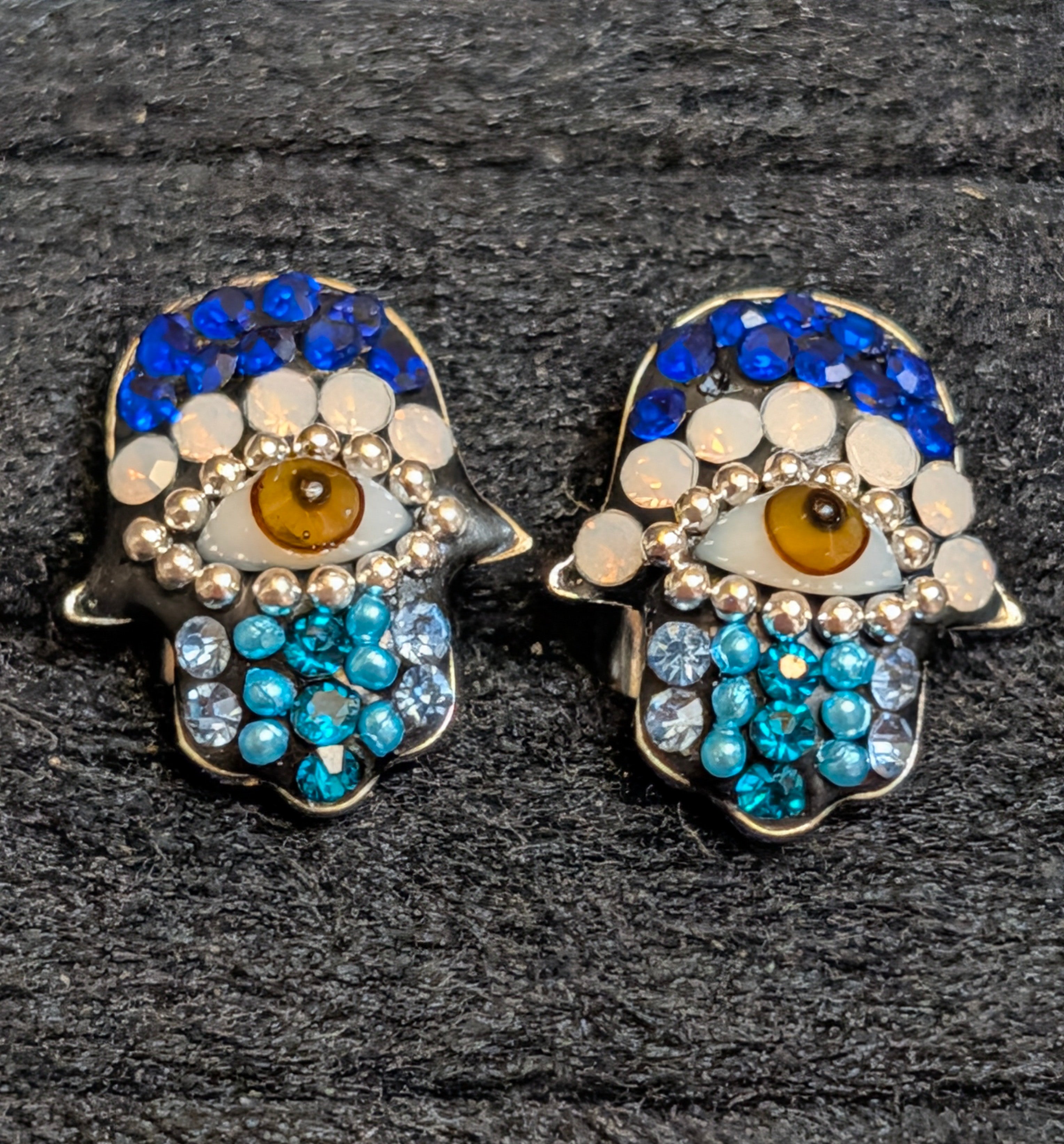 Hamsa Blue Evil Eye Sterling Silver Stud Earrings