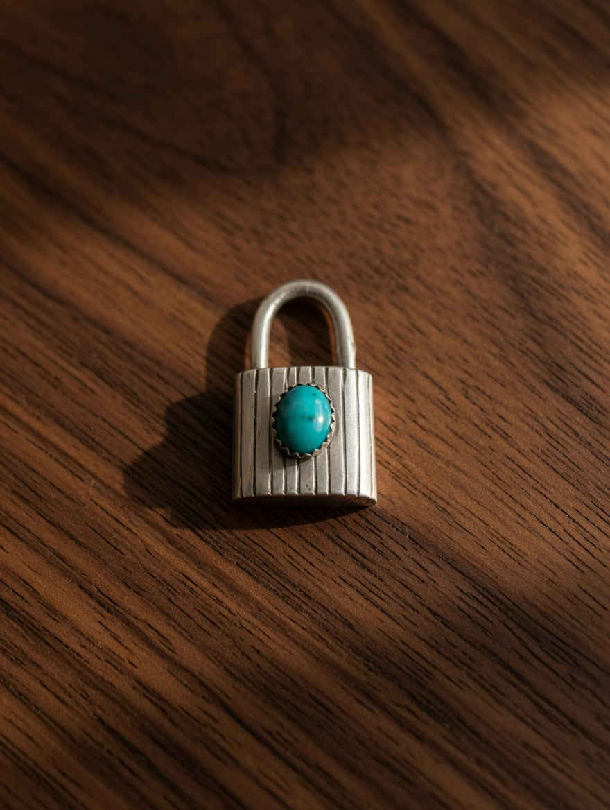 Sterling Silver Padlock Pendant with Kingman Stone Accent