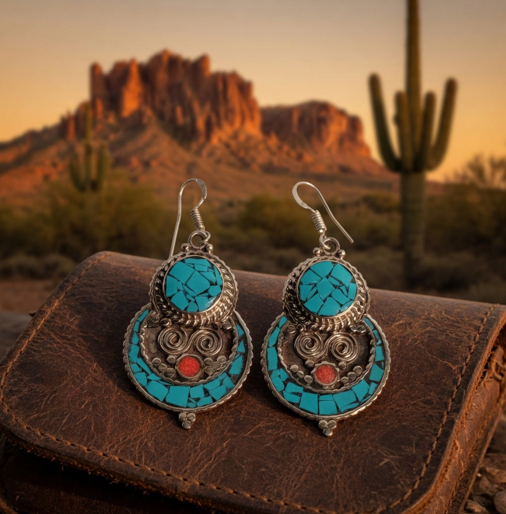Turquoise Mosaic & Coral Drop Earrings