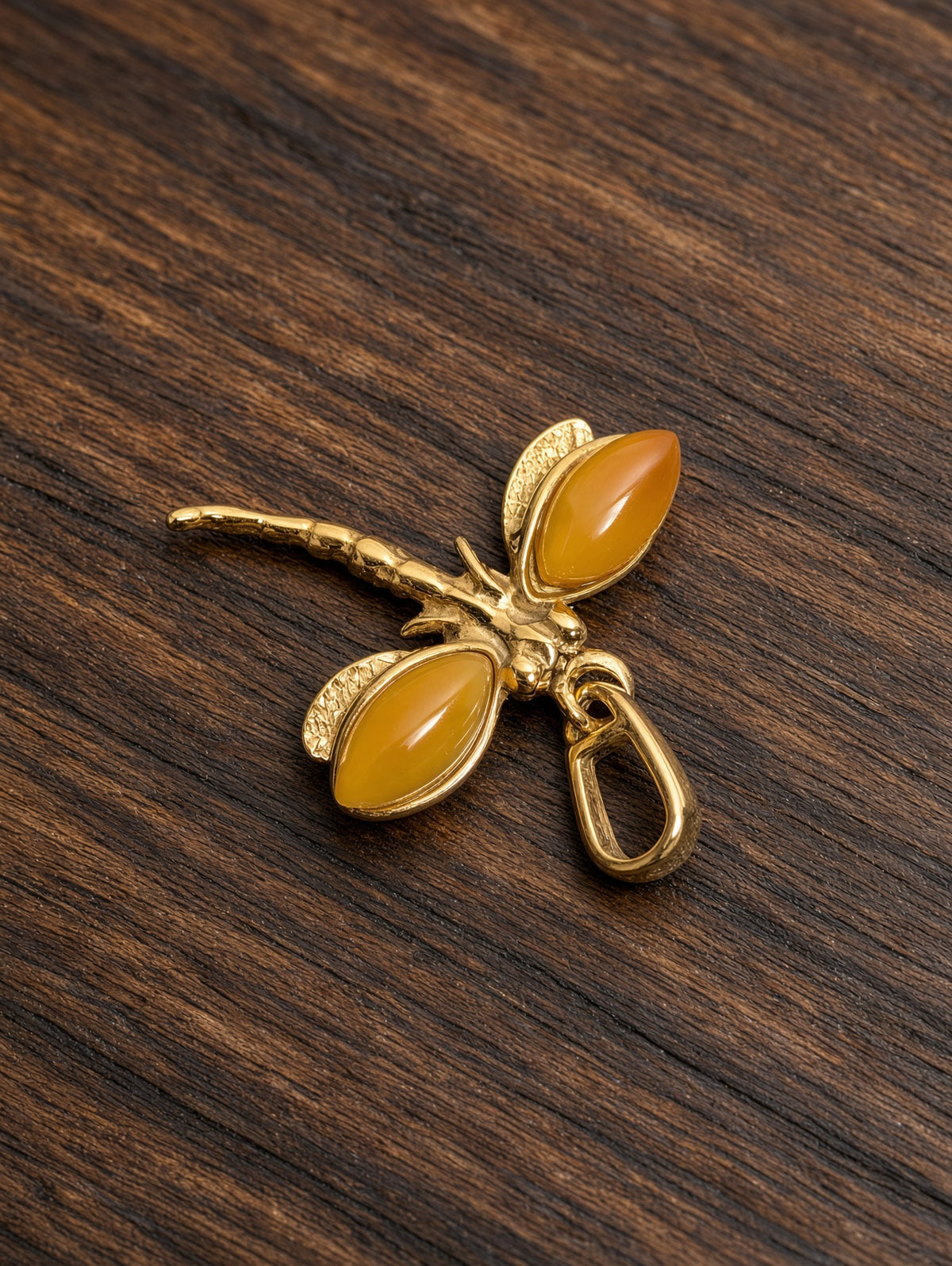 Handmade Dragonfly 14k Gold Plated Honey Cognac Cabochon Pendant