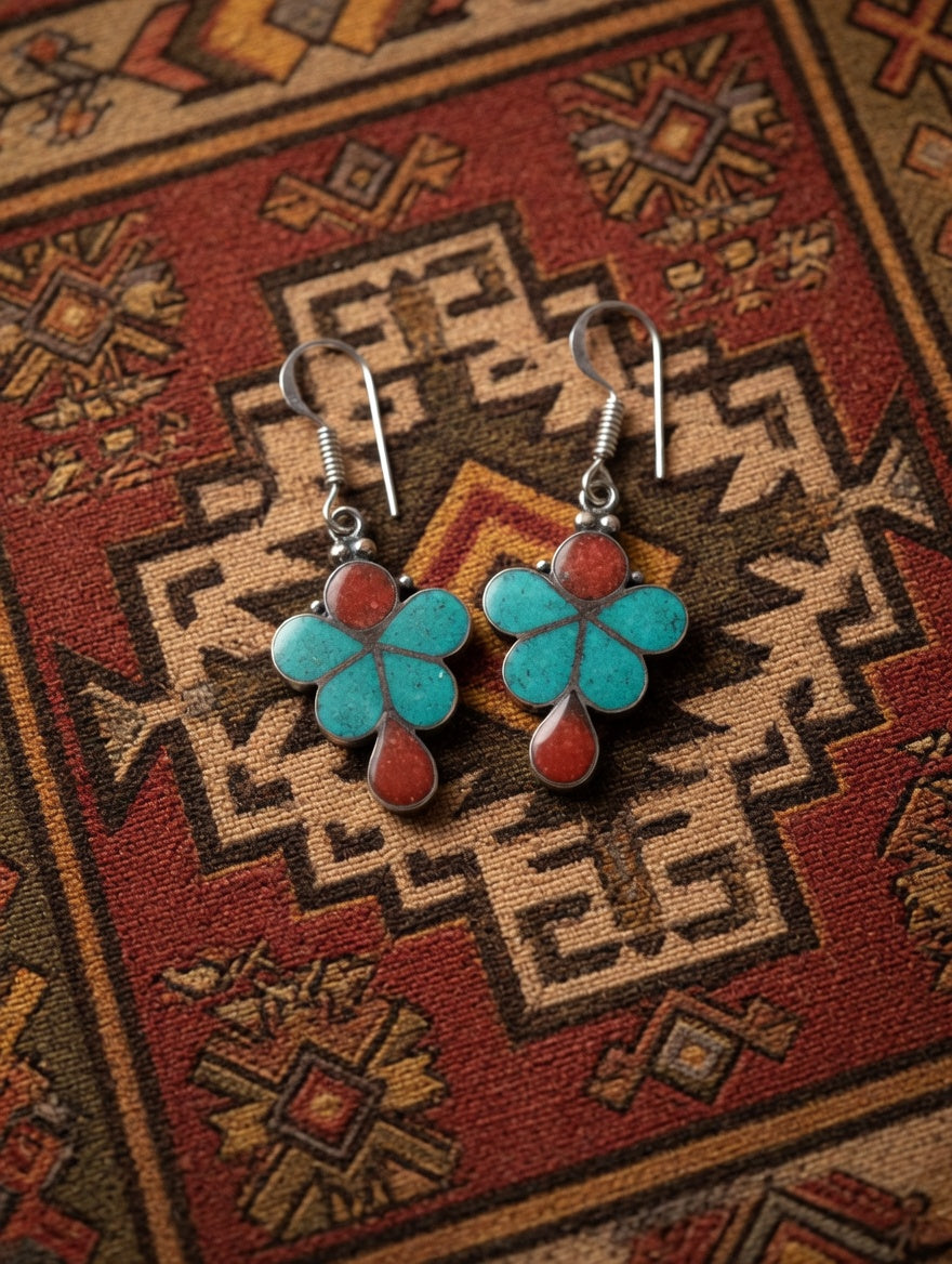 Turquoise & Coral Flower Shape Vintage Silver Dangle Earrings