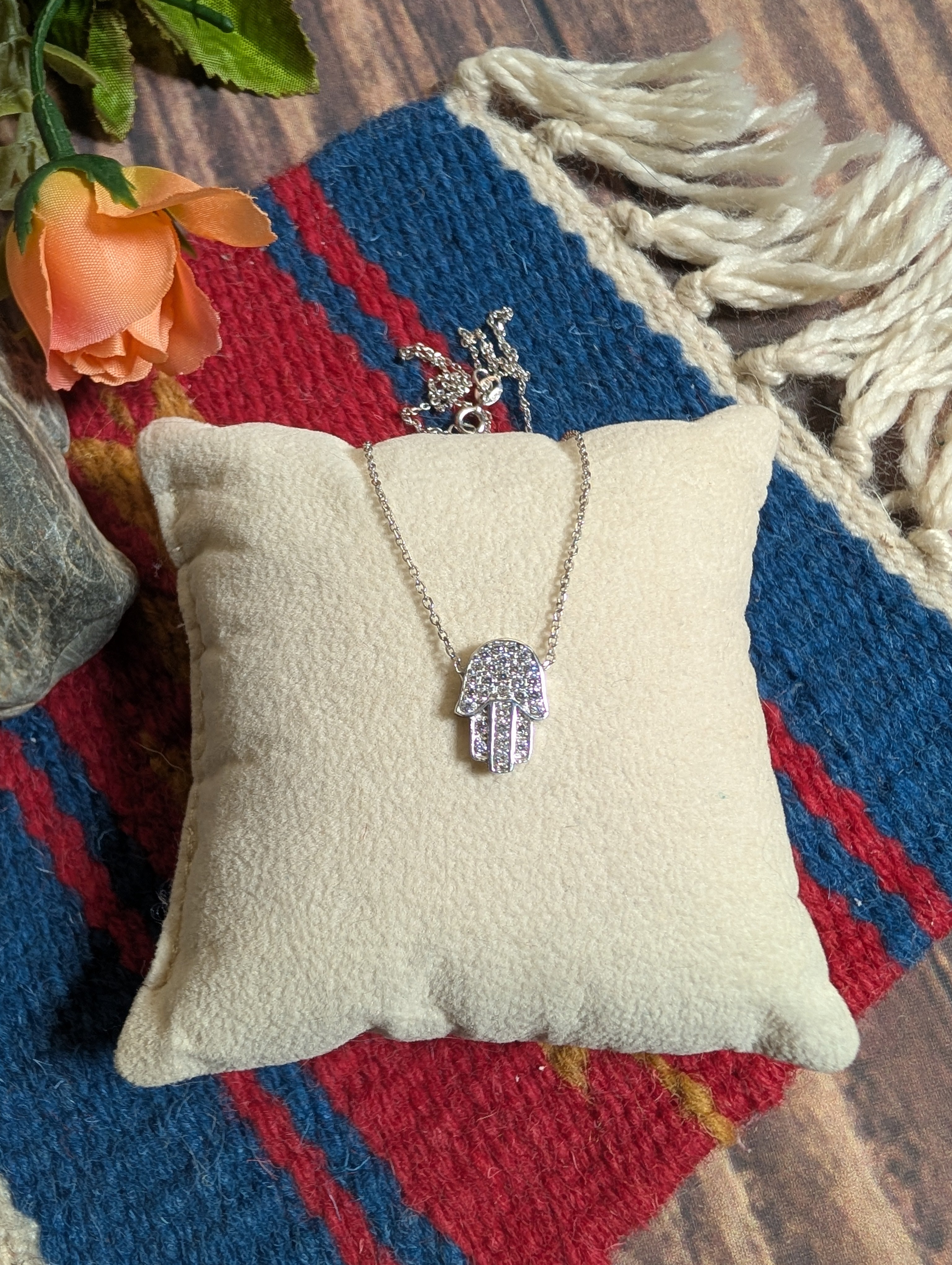 Hamsa Hand CZ Pendant On Sterling Silver Necklace