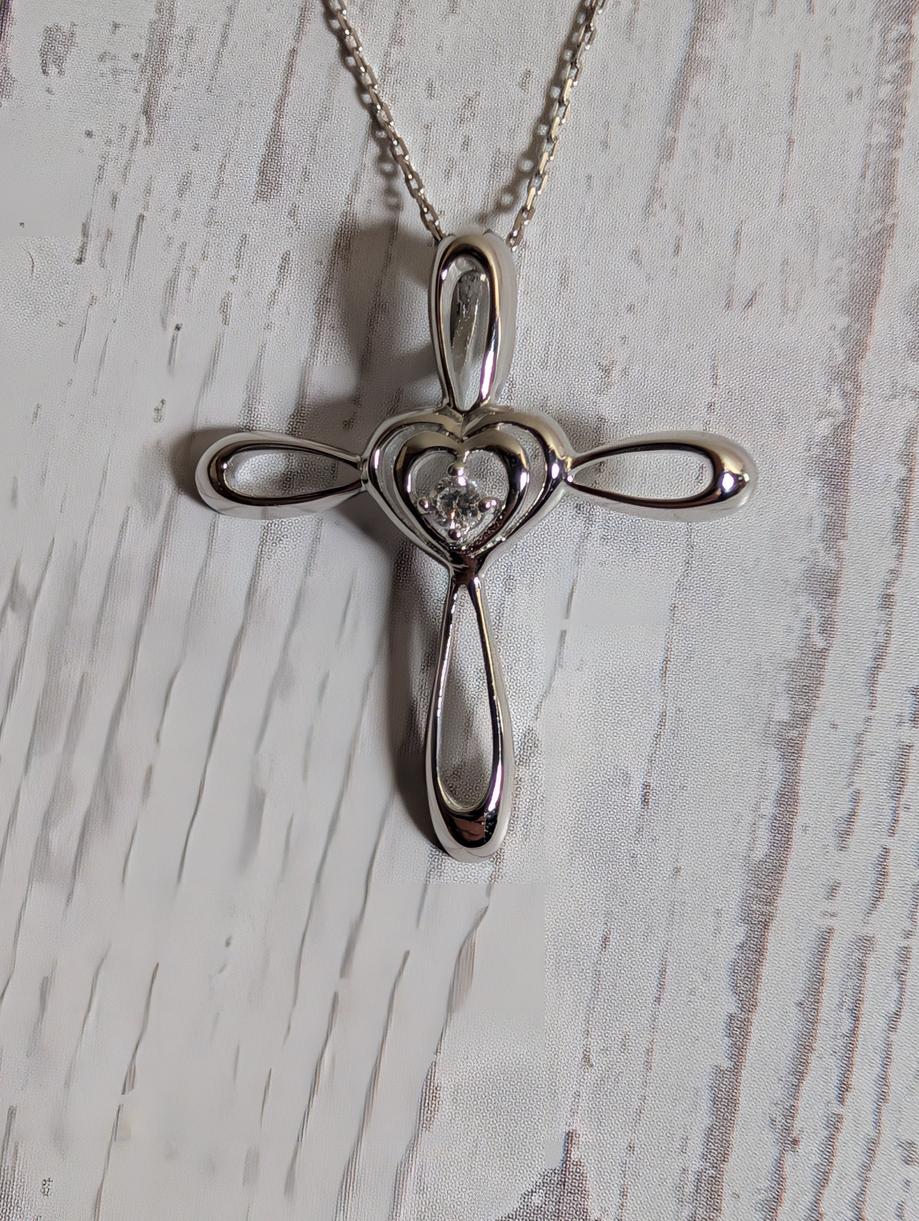 Heart Shaped Cross CZ Pendant On Sterling Silver Necklace
