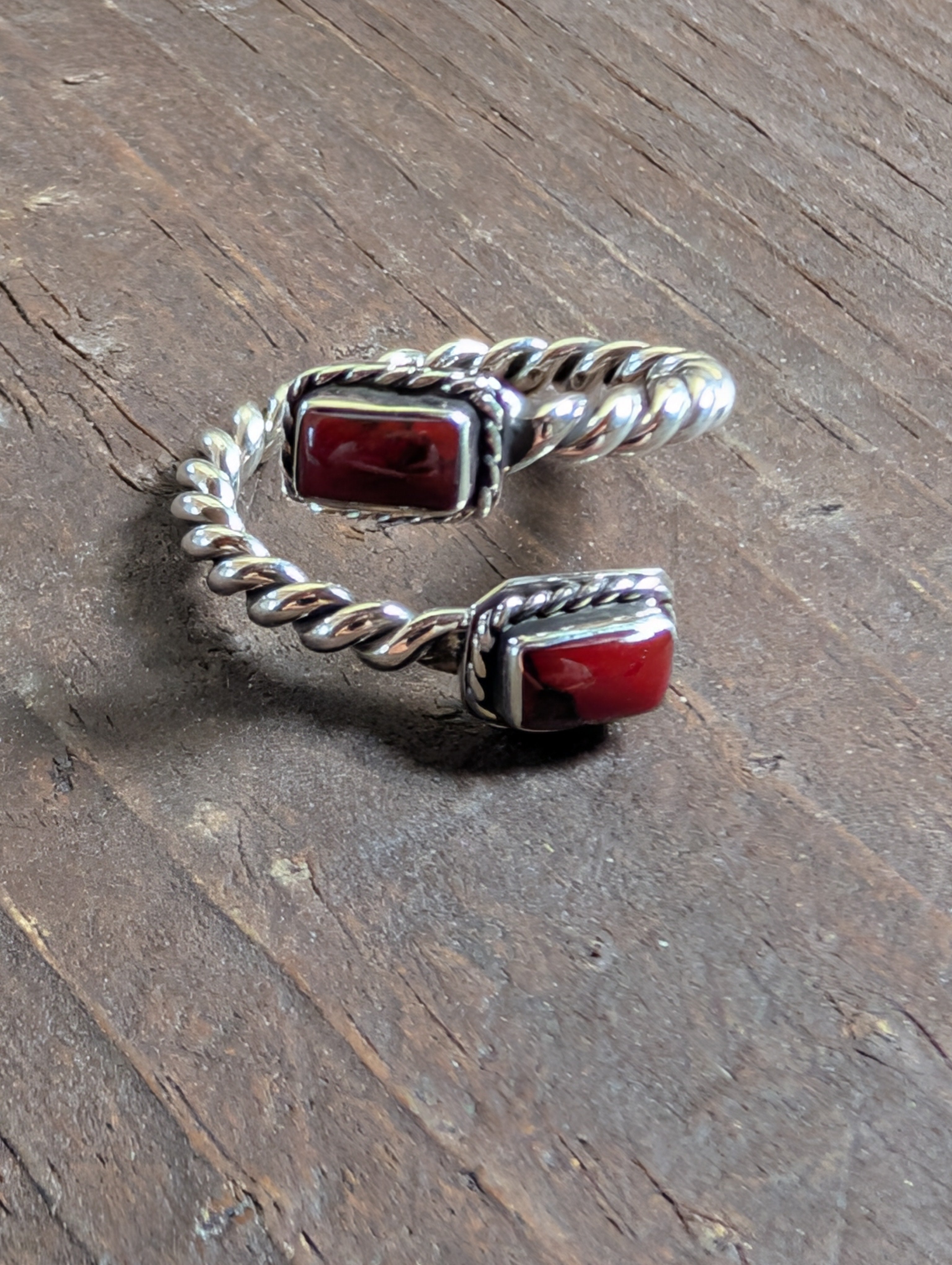 Red Jasper Two Stone Sterling Silver Adjustable Ring