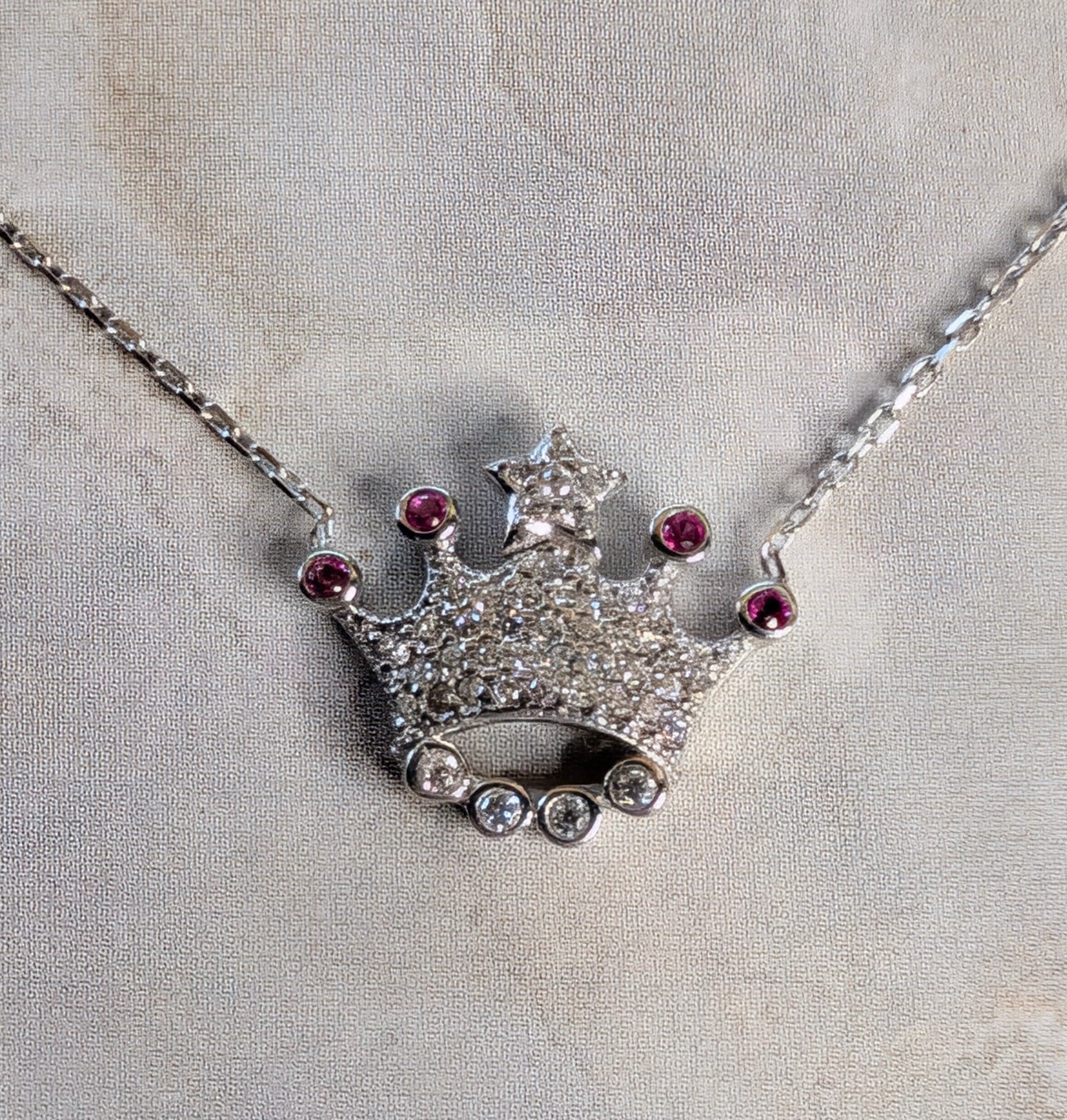 Sterling Silver CZ Hot Pink Gemstones Queen & King Star Crown Bar Necklace