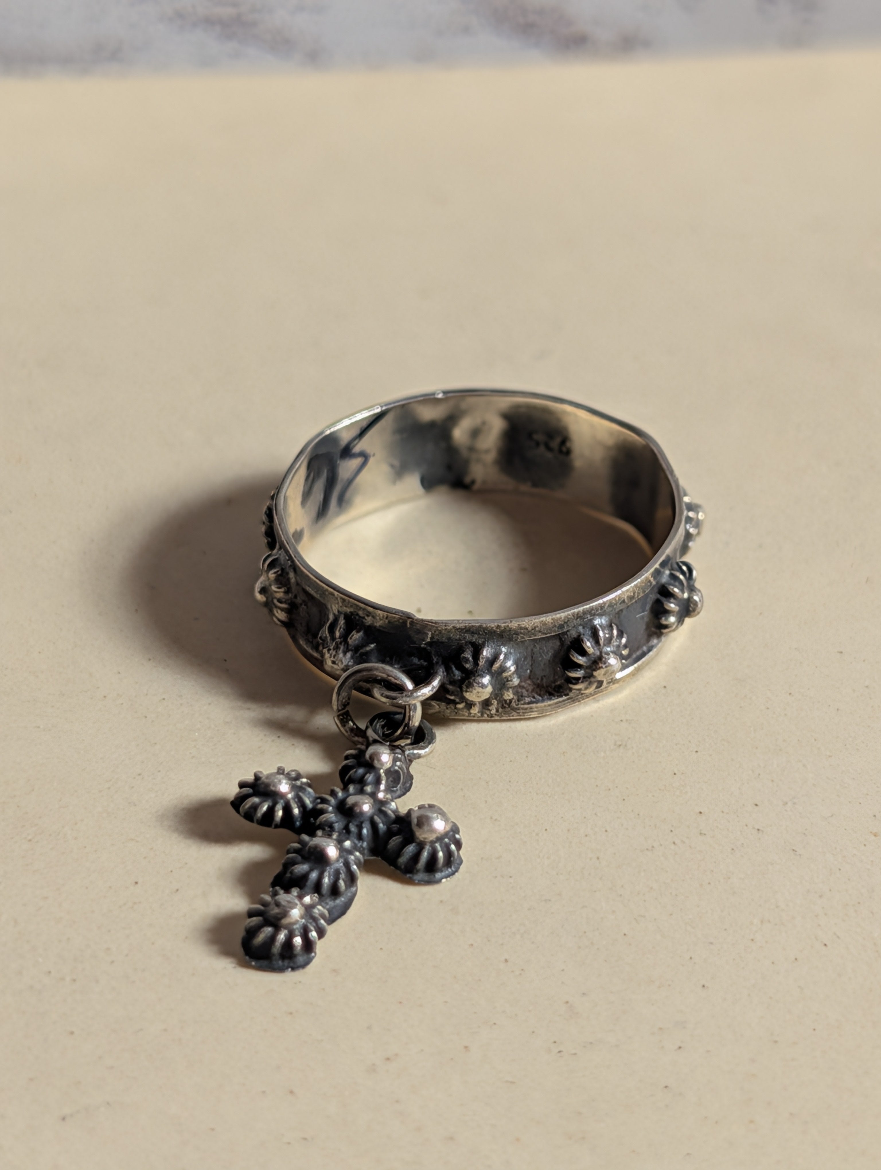 Ornate Filigree Dangle Cross Sterling Silver Charm Ring