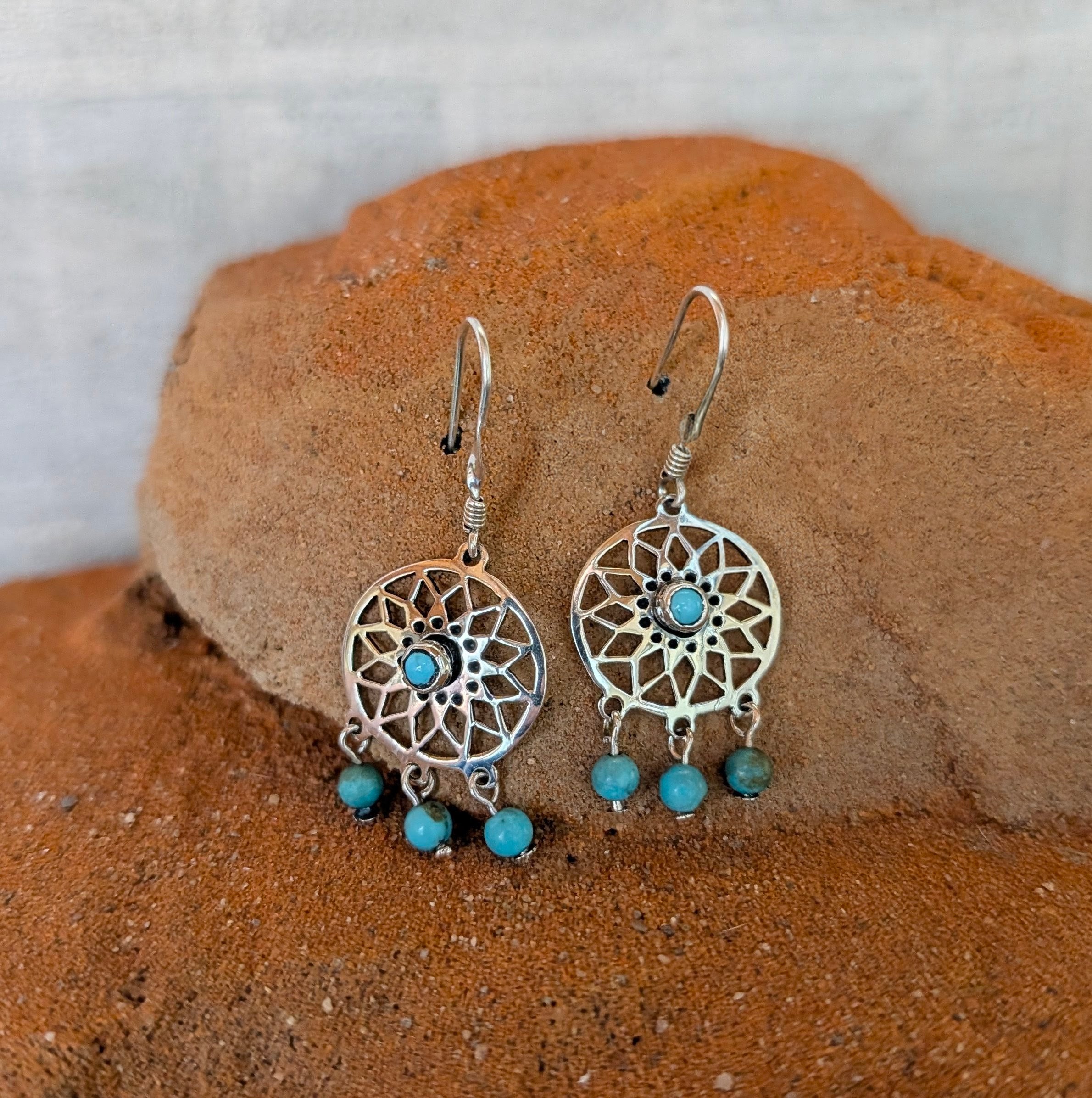 Turquoise & Sterling Silver Dream Catcher Dangle Hook Earrings