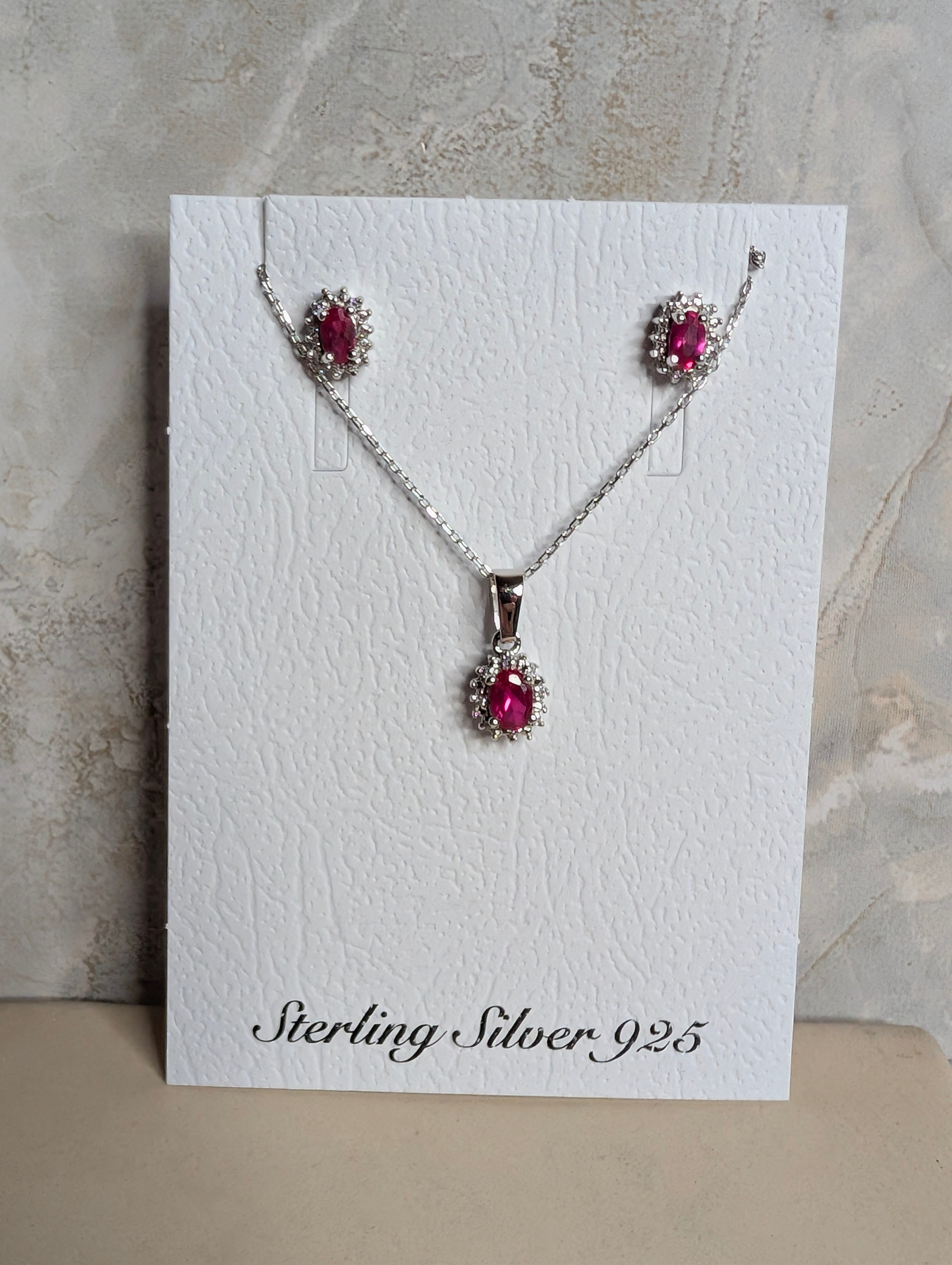 Sterling Silver CZ Hot Pink Oval GemStone Earrings & Necklace Jewelry Set