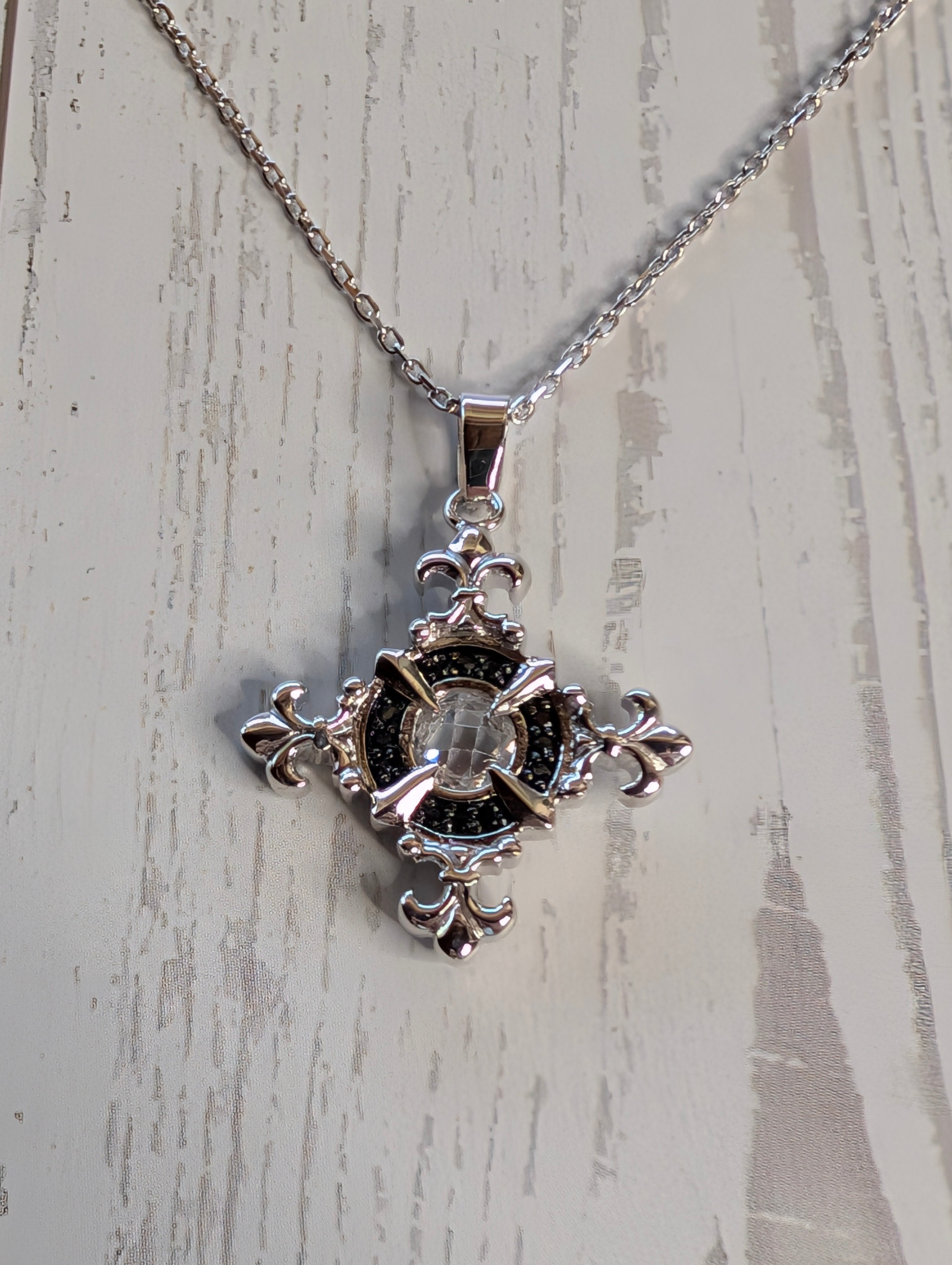 Sterling Silver Gothic Style Filigree CZ Cross Necklace