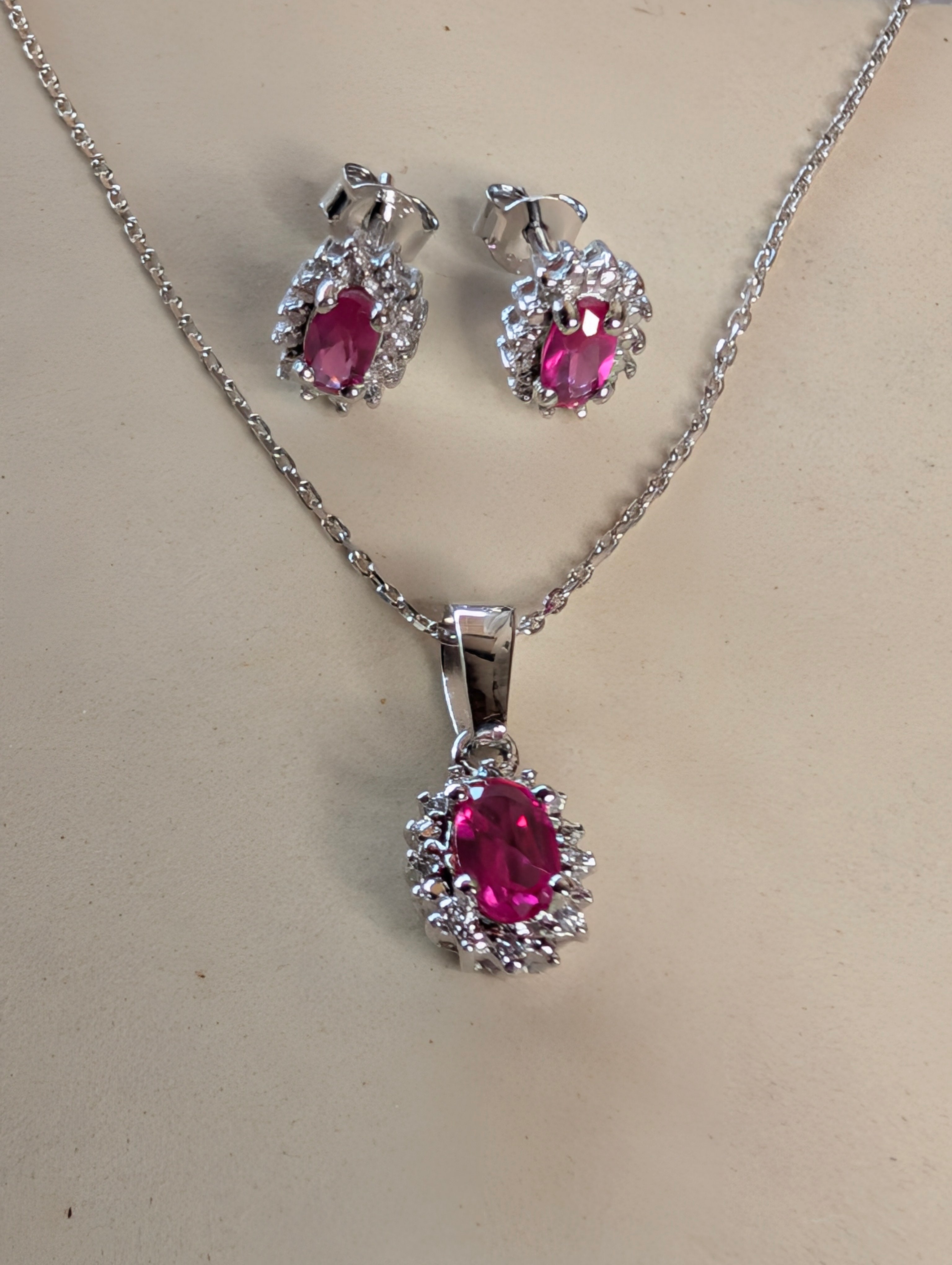 Sterling Silver CZ Hot Pink Oval GemStone Earrings & Necklace Jewelry Set