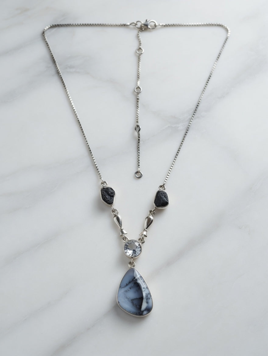 Dendritic Agate Gemstone With Clear Quartz & Black Tourmaline Sterling Silver Necklace