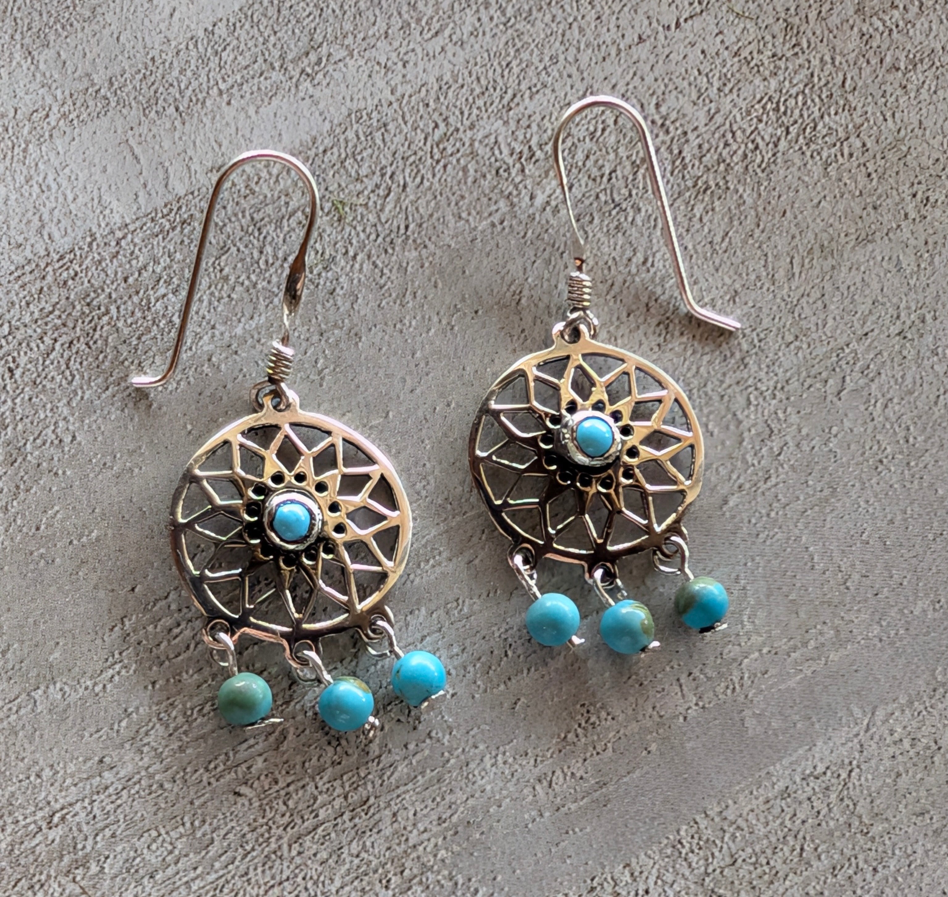 Turquoise & Sterling Silver Dream Catcher Dangle Hook Earrings