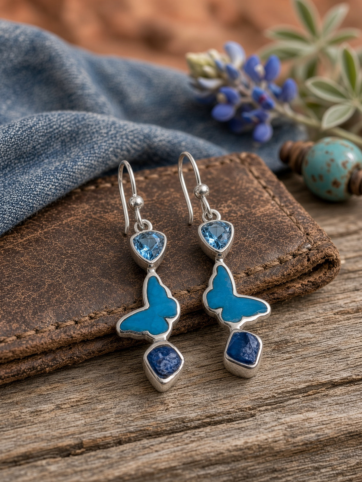 Handmade Butterfly Earrings with Blue Topaz, Turquoise Cabochon, Lapis & Sterling Silver