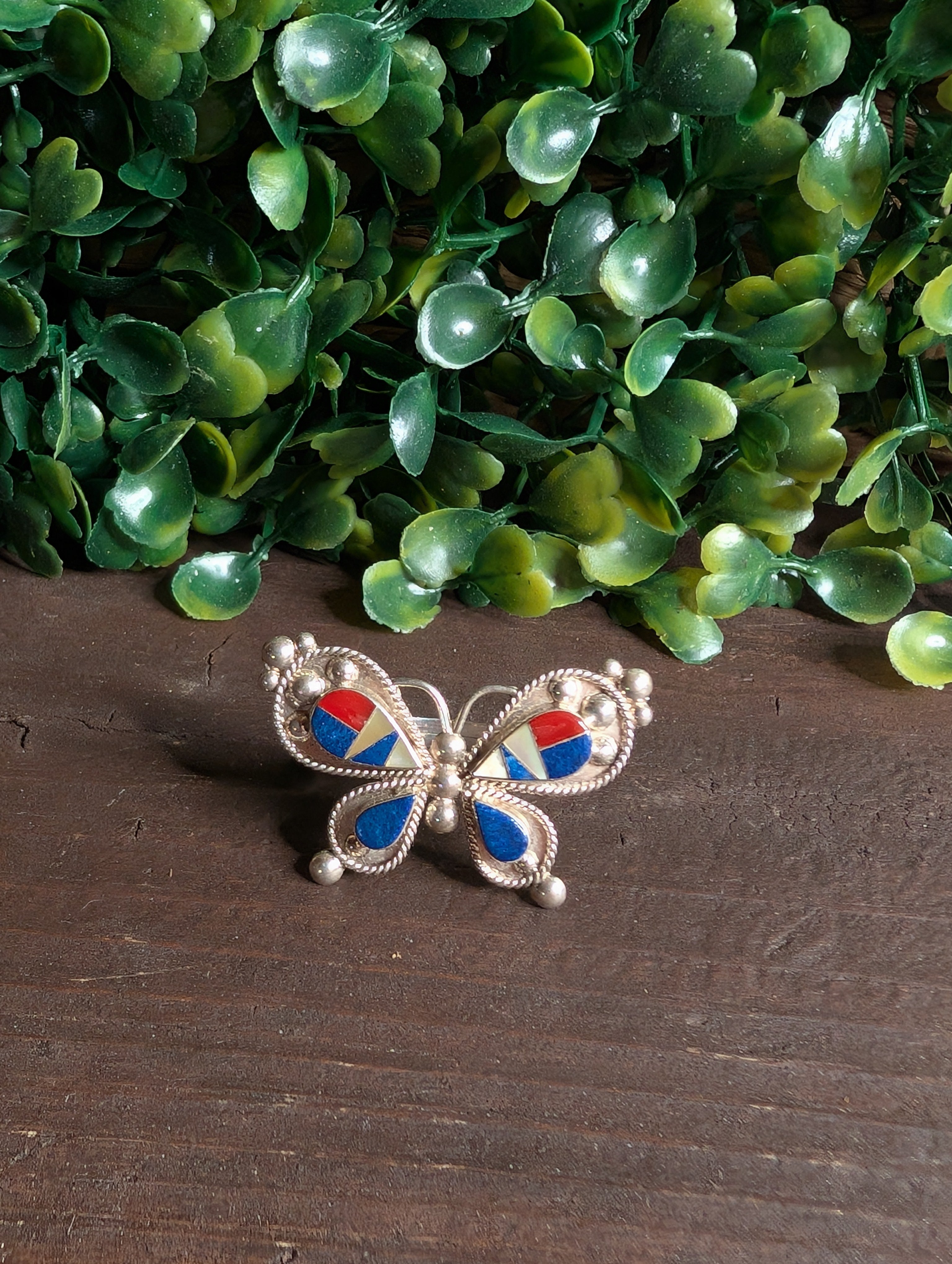 Handcrafted Lapis & Red Coral MultiStone Butterfly Shaped Sterling Silver Ring Size 7