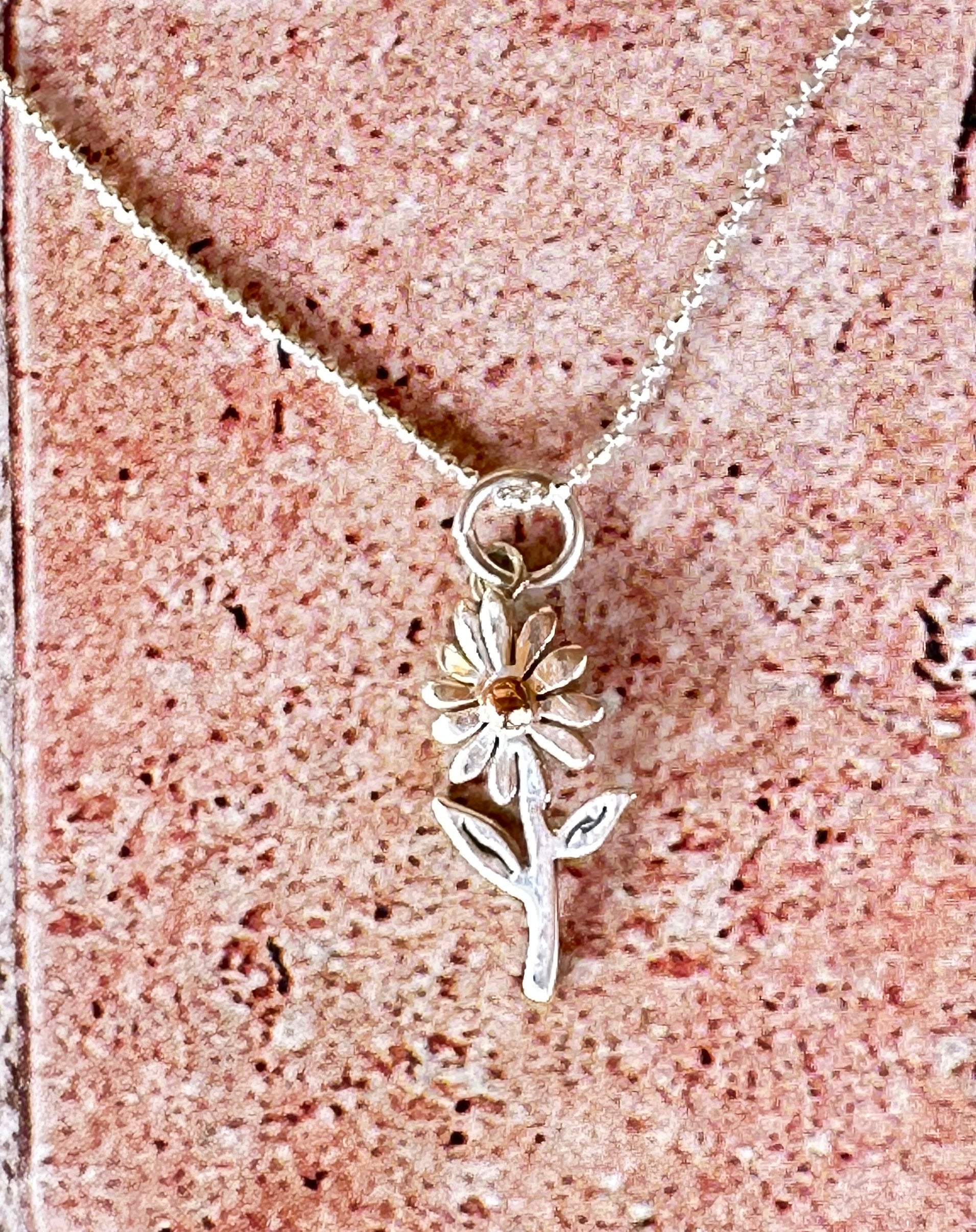 Sterling Silver & Copper Daisy Flower Pendant With Necklace