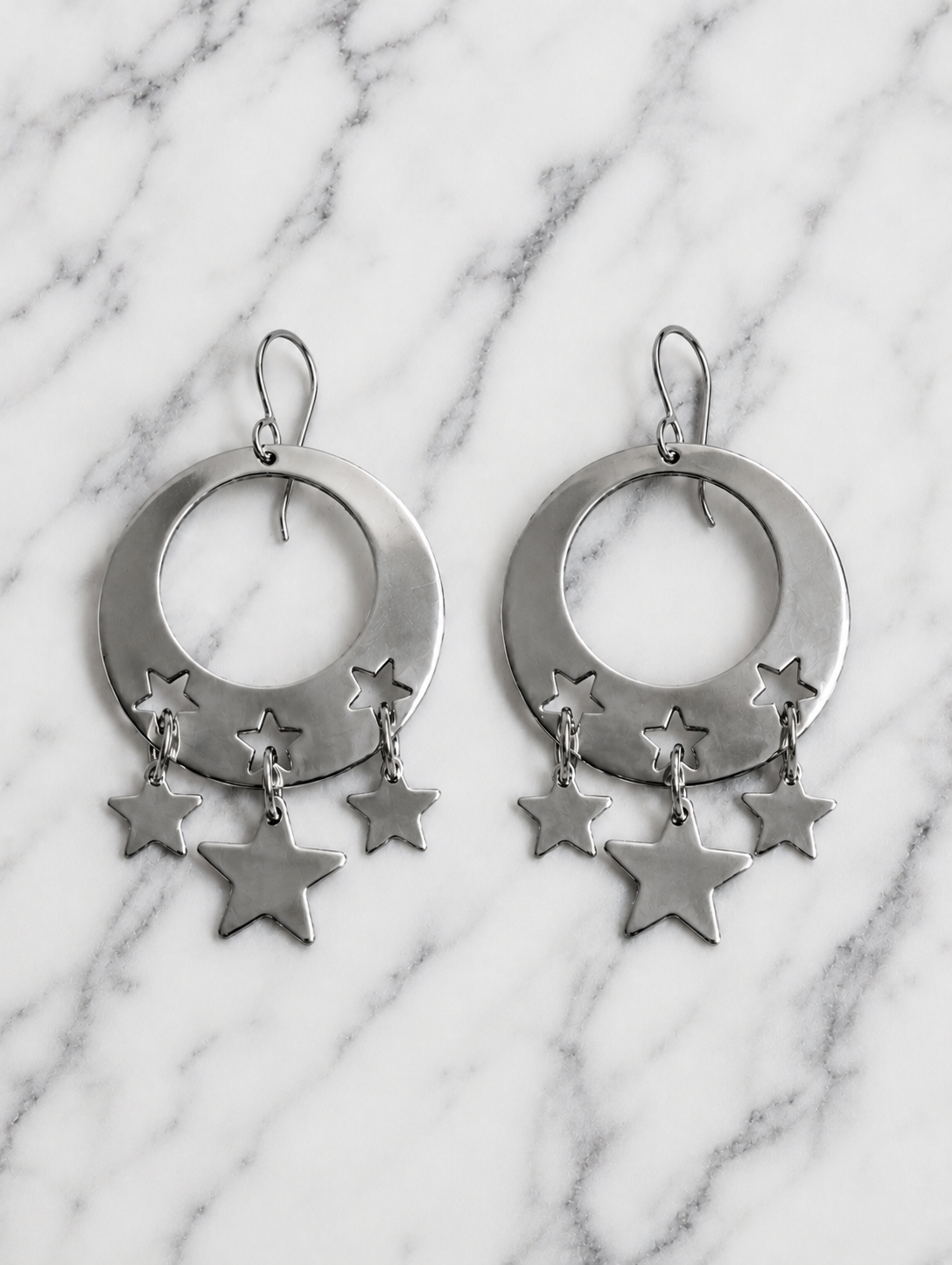 Handcrafted Sterling Silver Rounded Stars Dangle Earrings