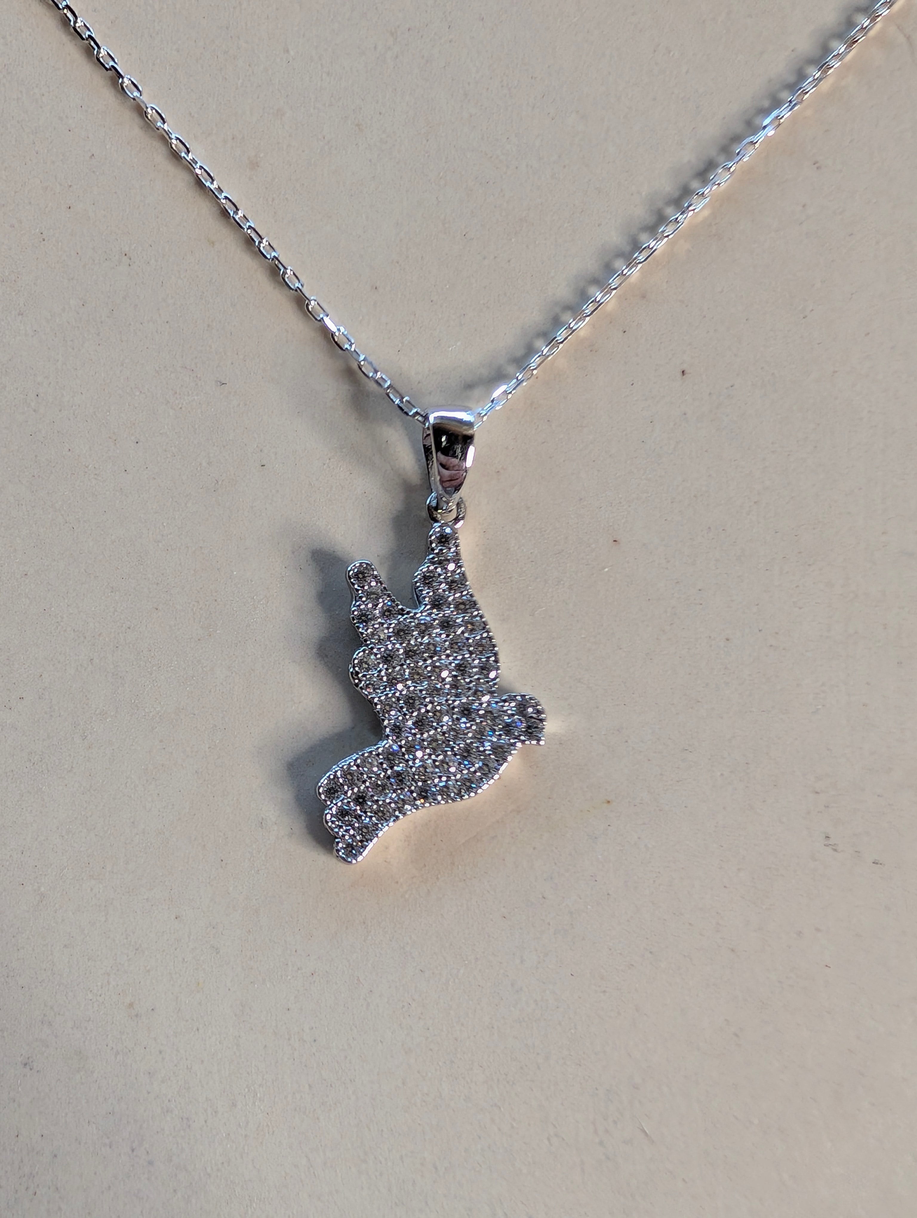 Sterling Silver CZ Peace & Love Dove Studded Pendant Necklace