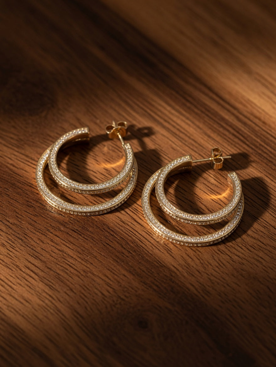 14k Gold CZ Double Hoop Earrings