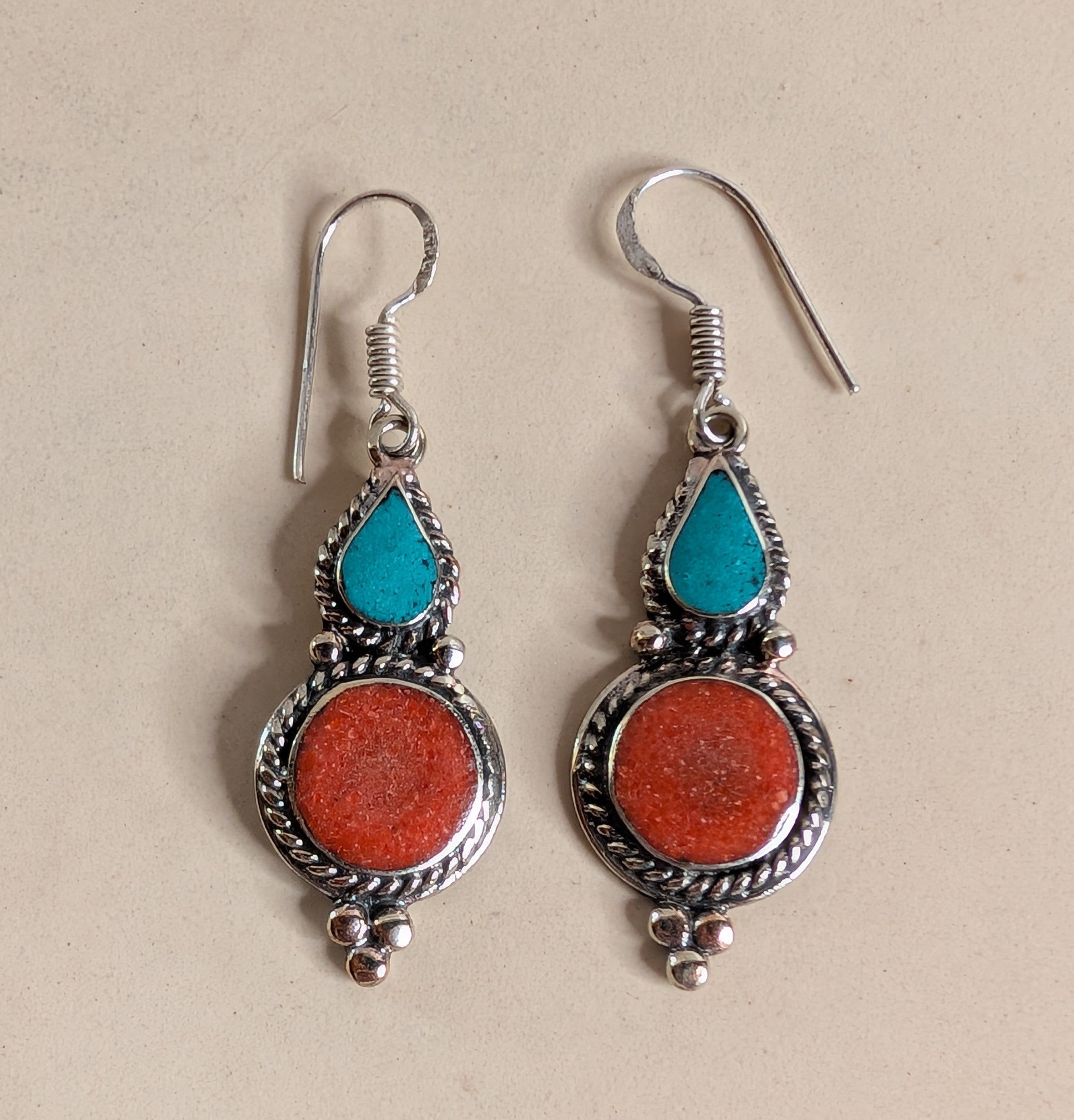 Turquoise Teardrop & Coral Circle Dangle Earrings