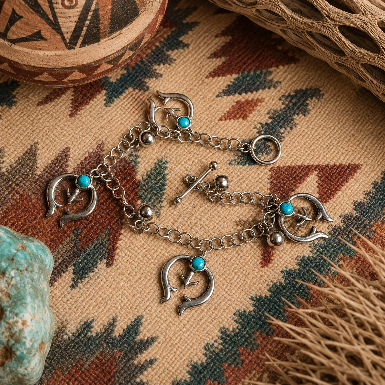 Handcrafted Southwestern Style Turquoise Spirit Arrow Sterling Silver Charm Bracelet