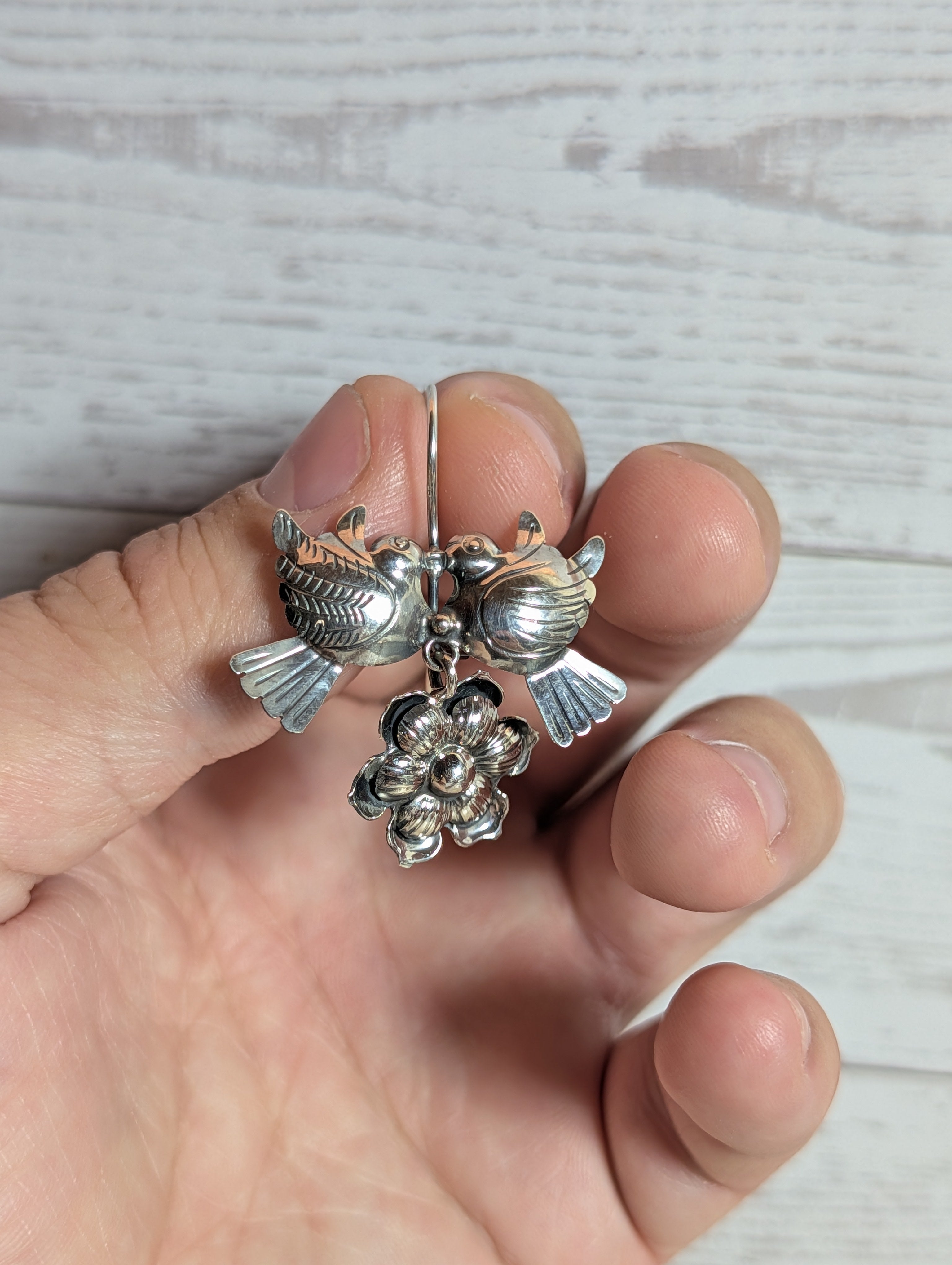 LoveBird Kissing Doves With Flower Blossom Sterling Silver Dangle Earrings