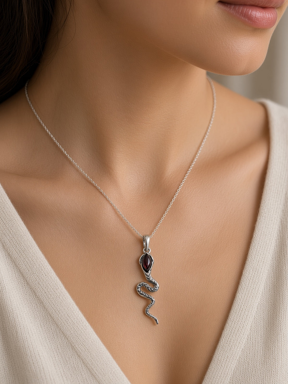 Handmade Snake Dark Honey Cognac Cabochon & Sterling Silver Pendant