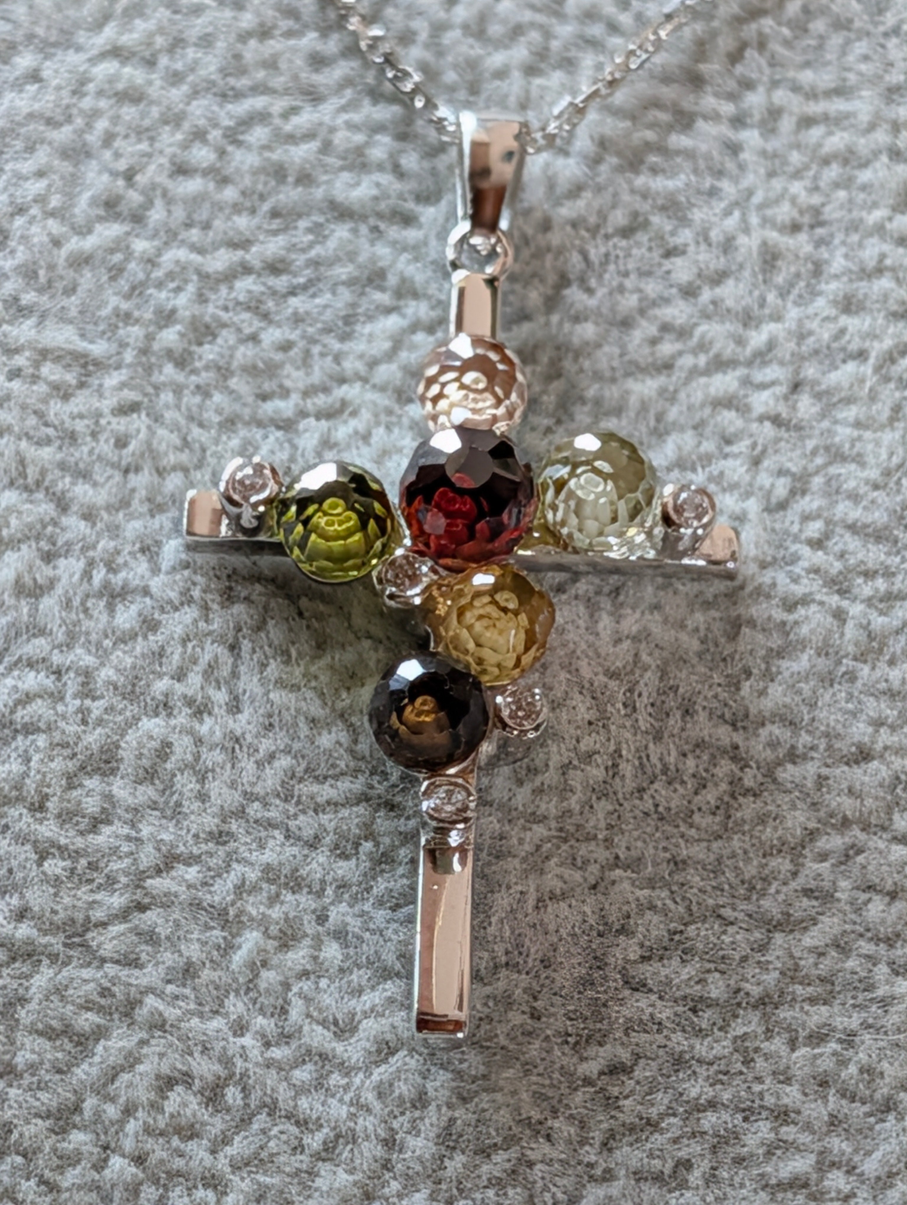 Sterling Silver Multicolor Cluster Gemstone Cross Pendant Necklace