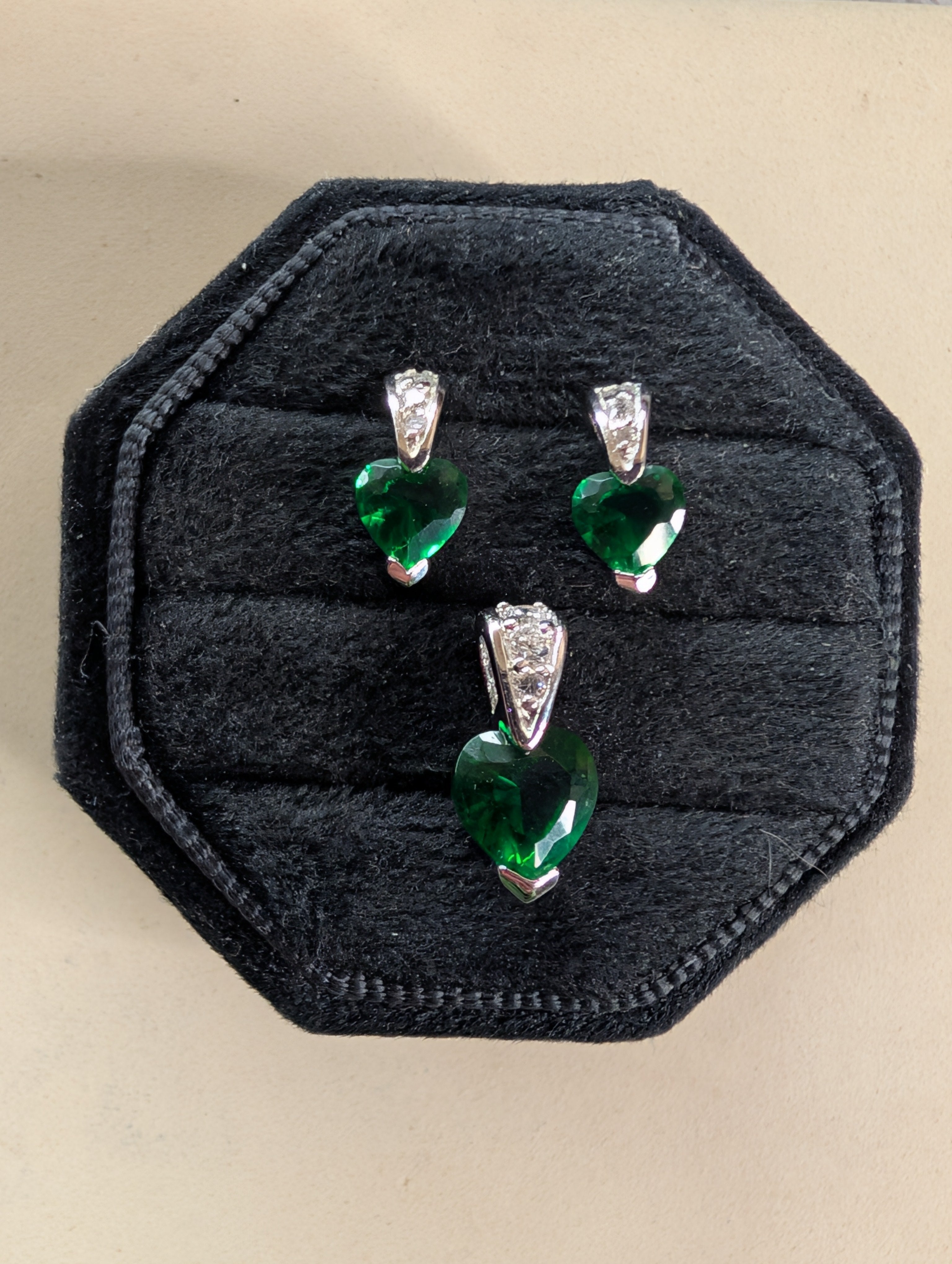 Sterling Silver CZ Green Heart Shape GemStone Earrings & Pendant Jewelry Set
