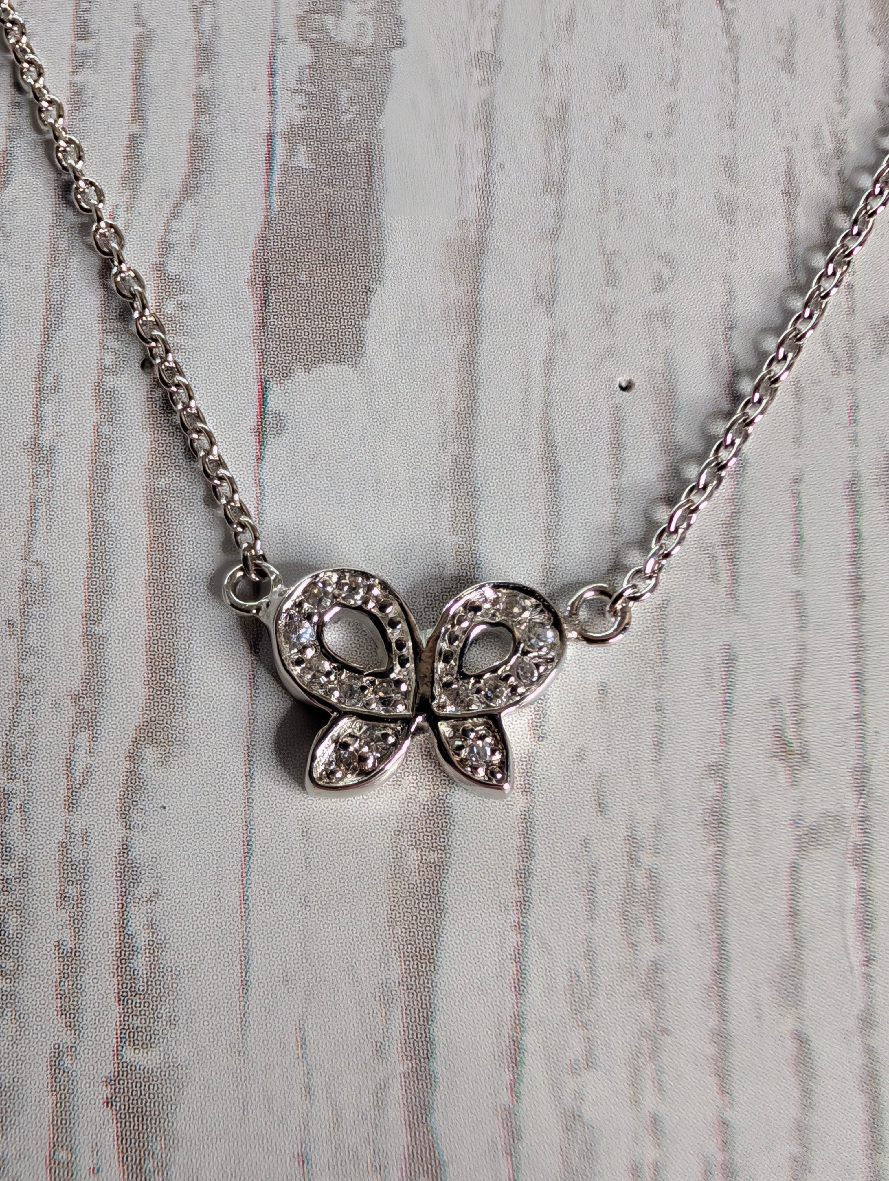 Sterling Silver CZ Butterfly Bow Ribbon Necklace